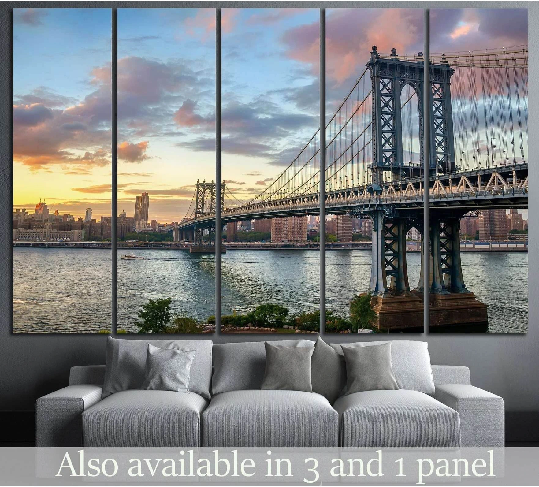 Manhattan Bridge sunset canvas print above sofa with NYC skyline and pastel evening sky