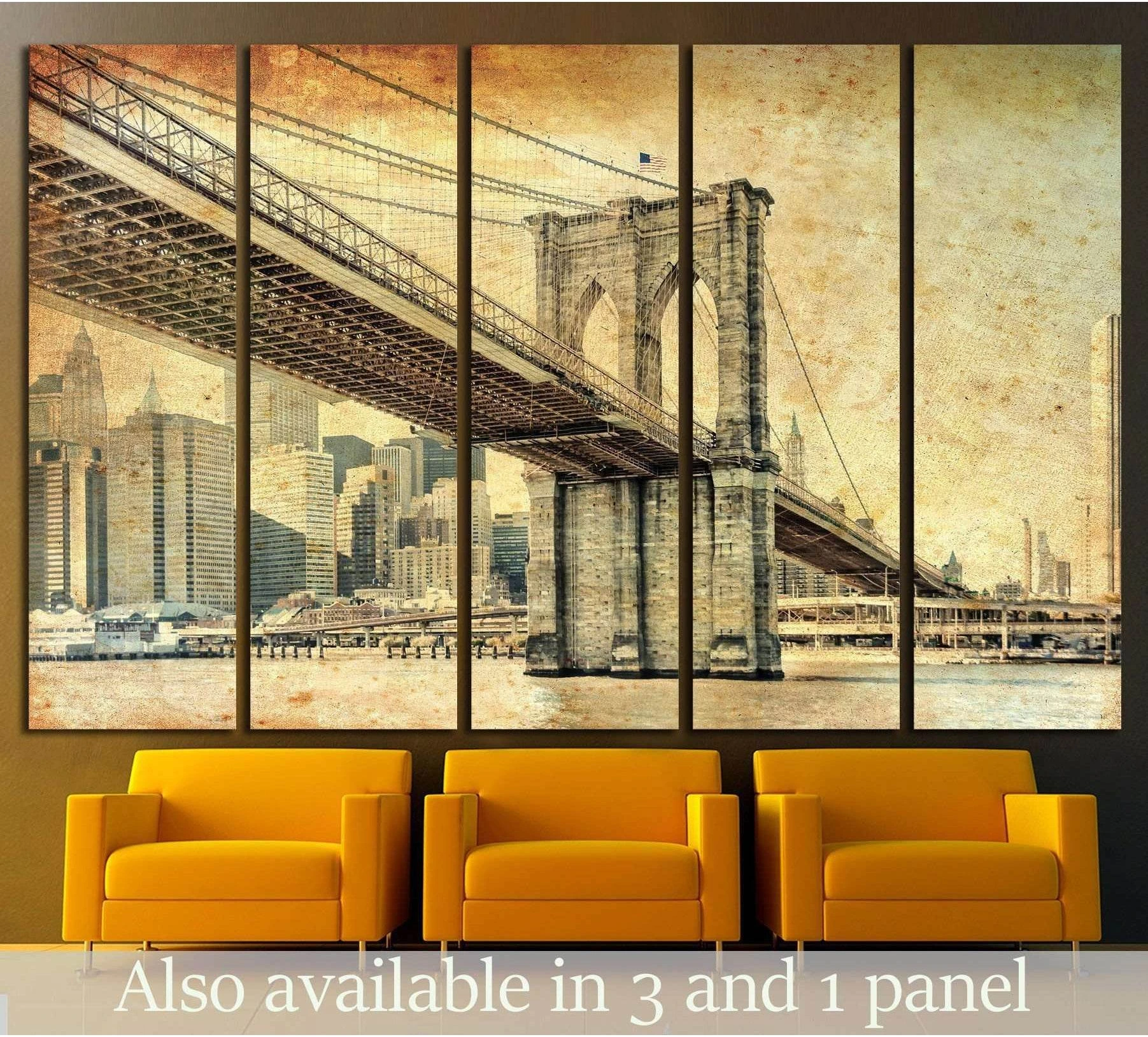 Sepia Brooklyn Bridge canvas print with Manhattan skyline, displayed as multi-panel wall art above yellow chairs