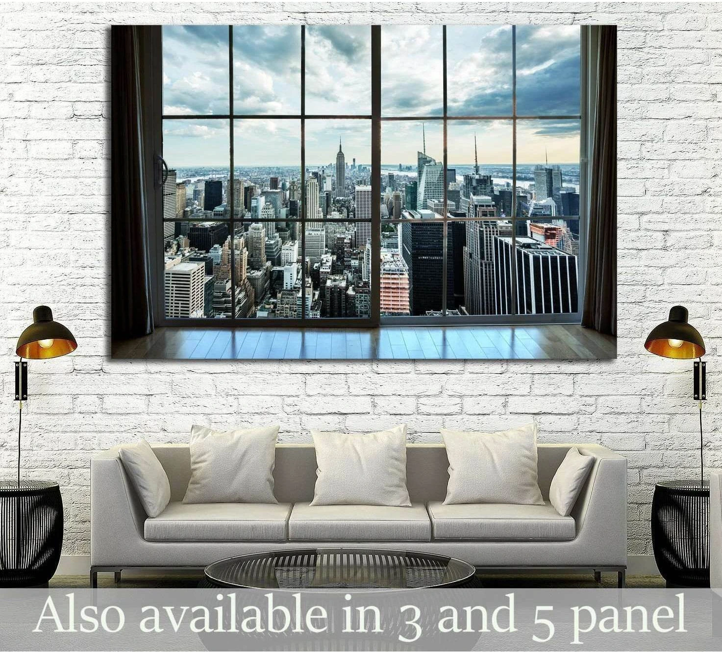 Manhattan skyline canvas print seen through penthouse windows above a sofa in a modern living room