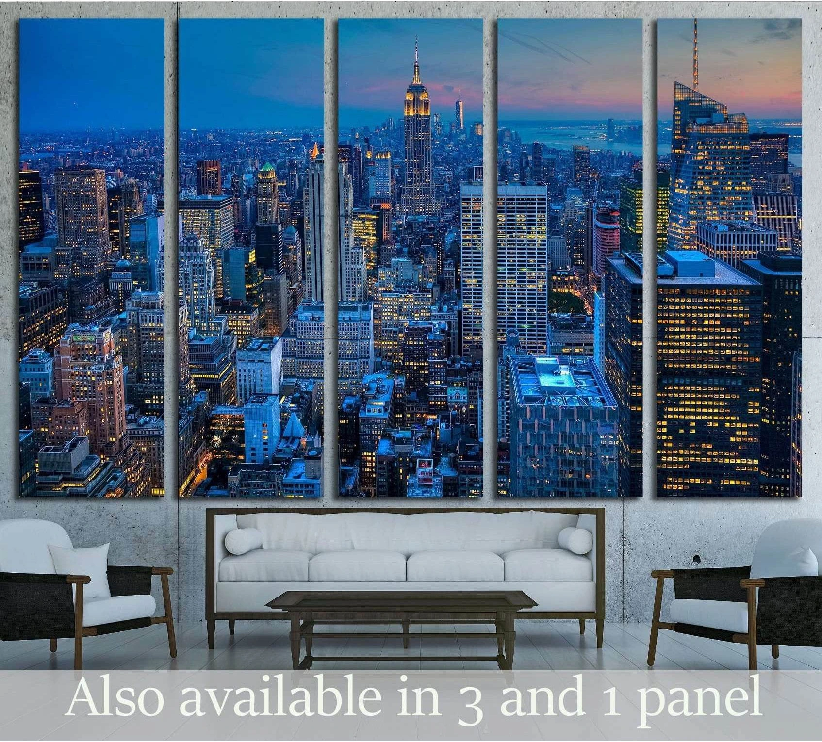Manhattan skyline canvas print in five panels above a sofa in a modern living room