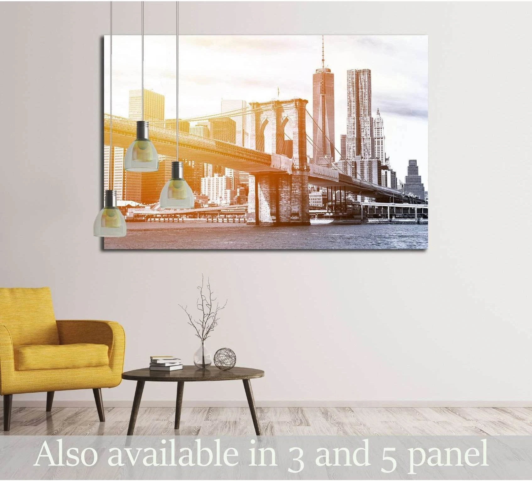 Brooklyn Bridge and Manhattan skyline canvas print above a table in a modern living room