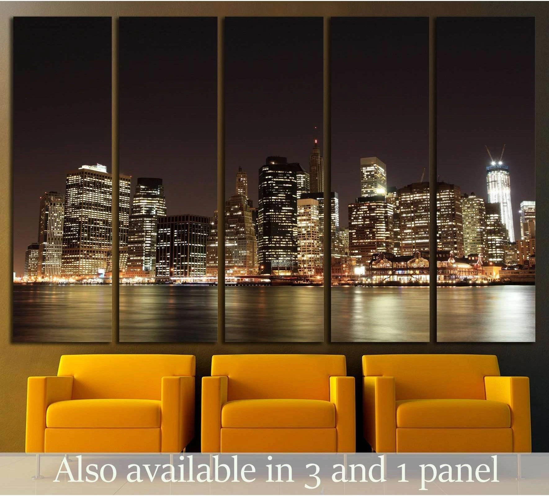 Manhattan skyline at night multi-panel canvas print above chairs in a modern waiting room
