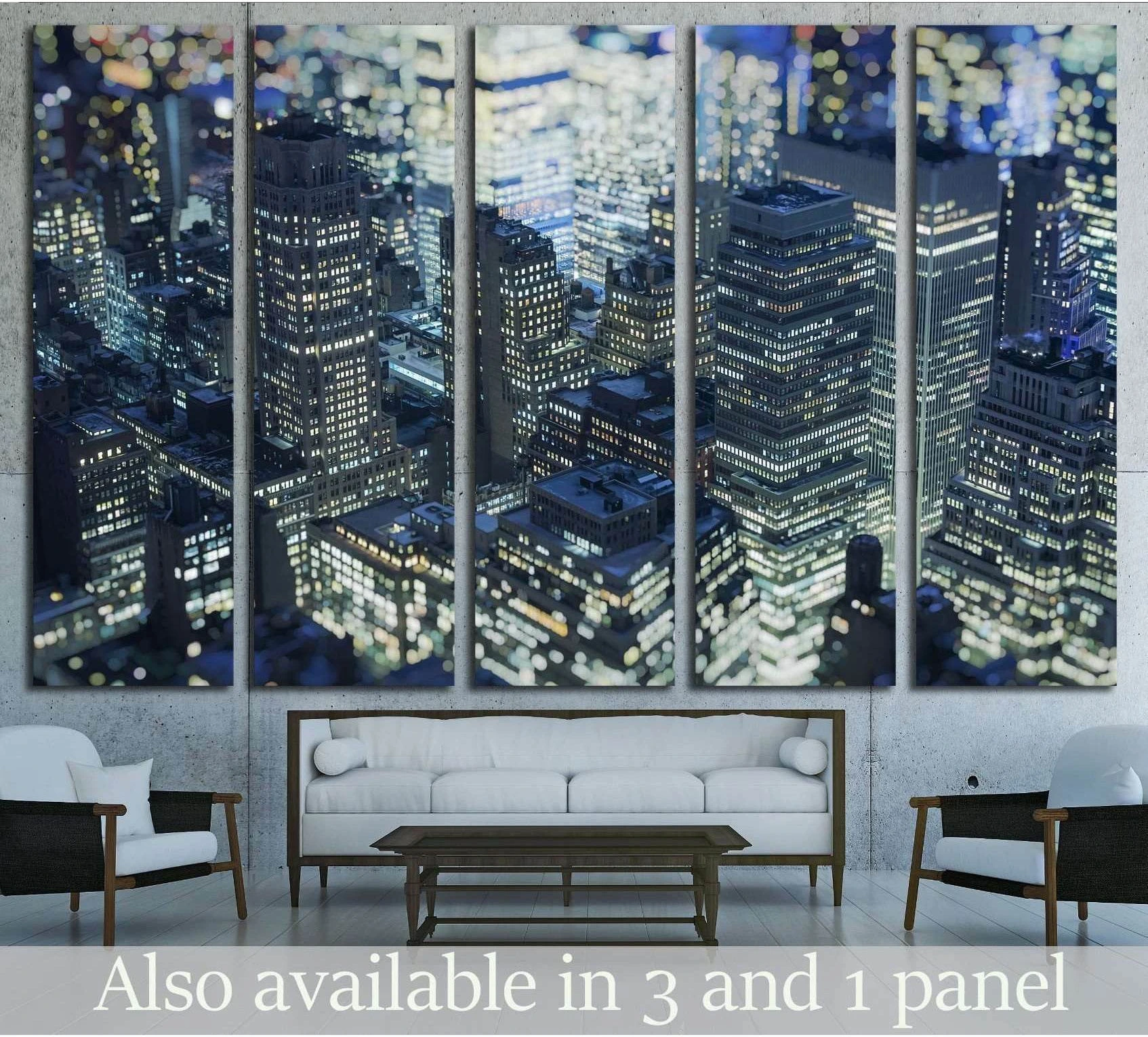 Blurred Manhattan skyline canvas print in cool blue night tones above a modern sofa