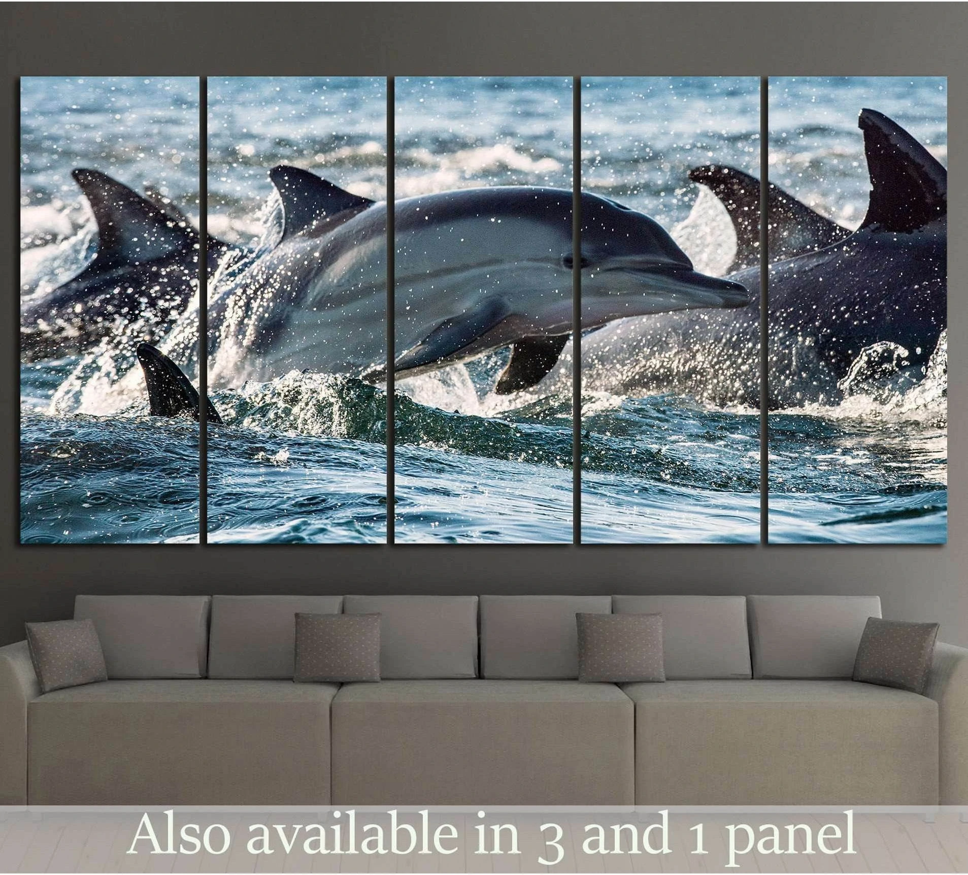 Many Dolphins showing blue ocean wall art with water and coastal depth.