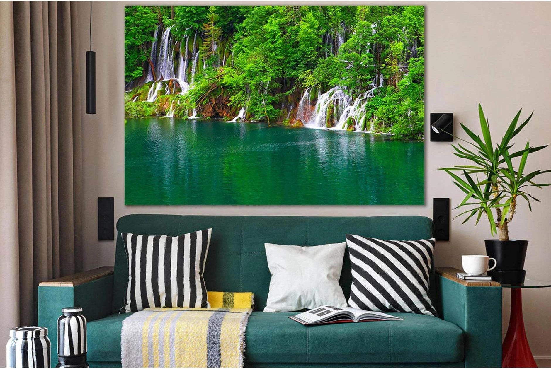 Many Waterfalls Lake And Trees №SL1063 Ready to Hang Canvas Print - Zellart Canvas Prints 0new, ALL_Products, Trees Wall Art, Waterfall