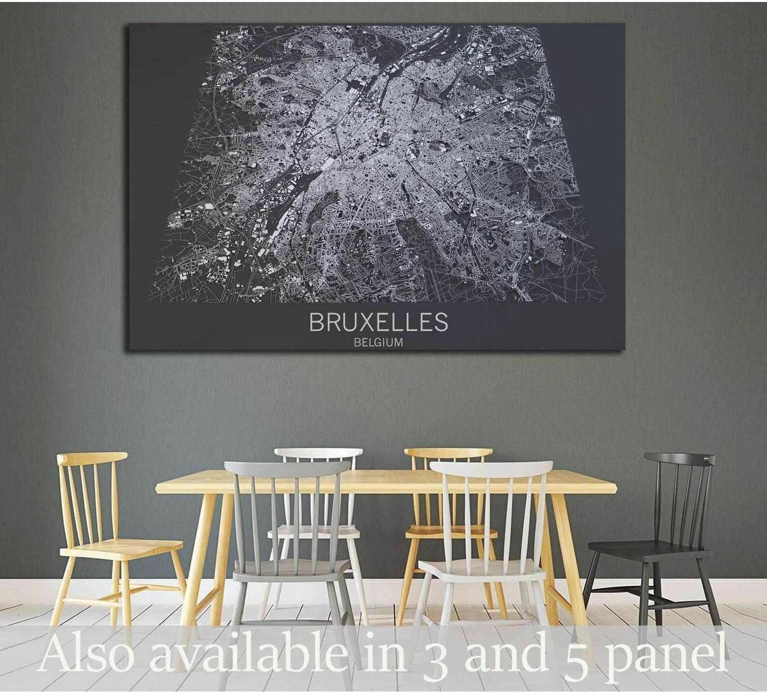 Bruxelles Belgium satellite map canvas print hung above a dining table in a modern gray room