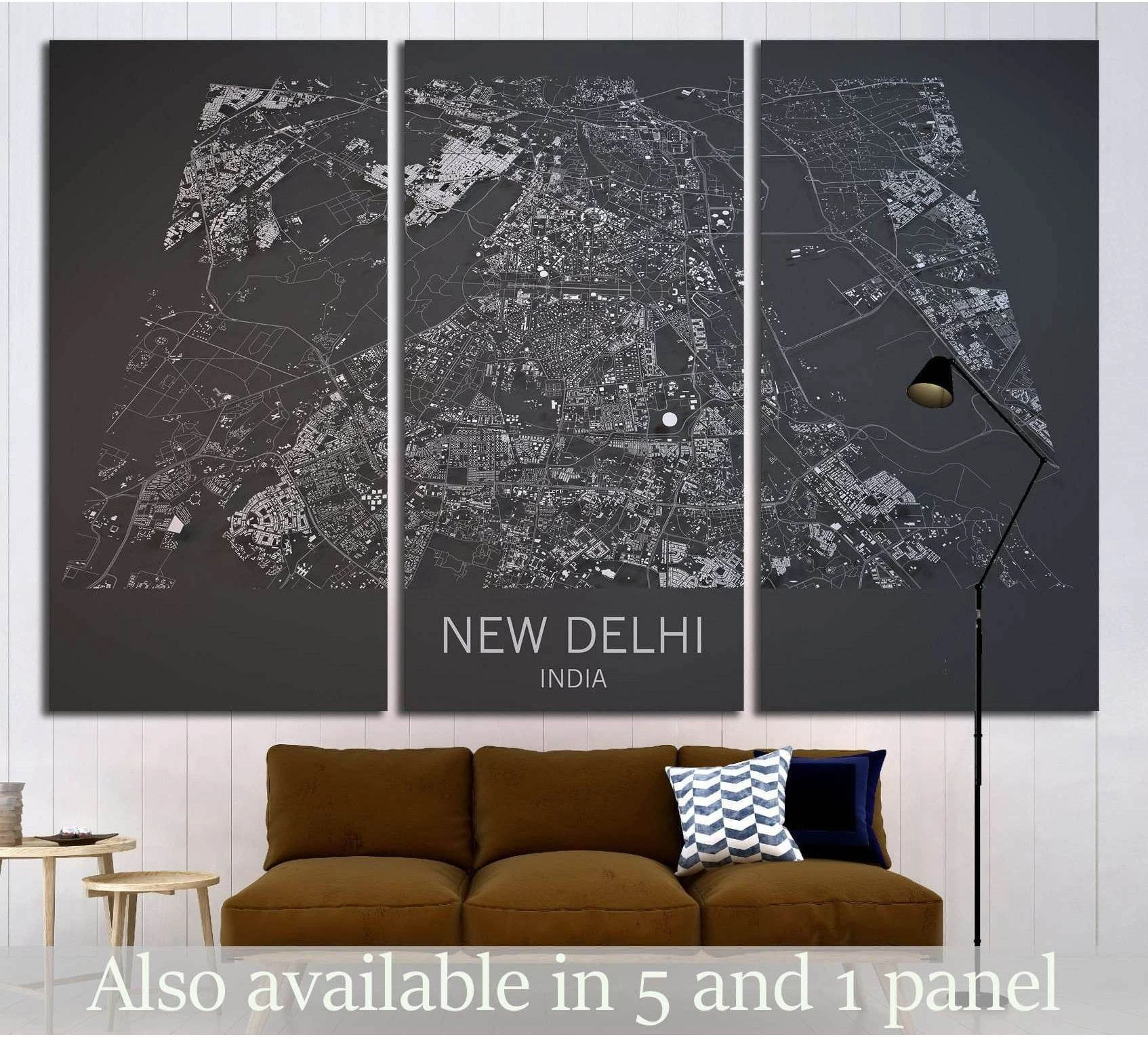 New Delhi satellite map triptych canvas print above a brown sofa in a modern living room