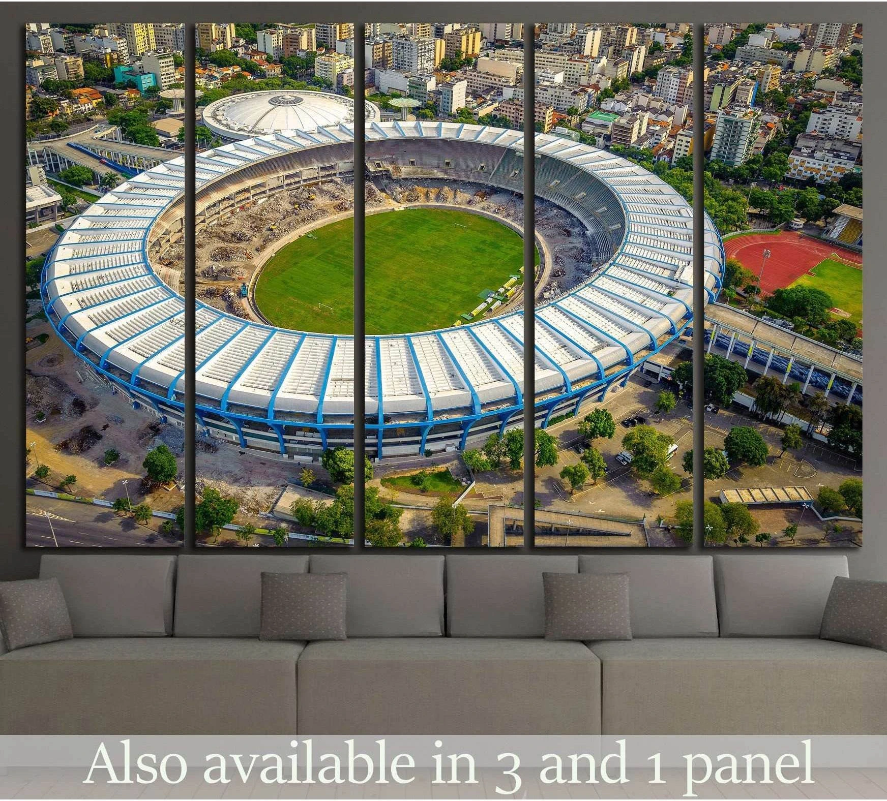Aerial Maracana Stadium canvas print in Rio de Janeiro shown as multi-panel wall art above a sofa