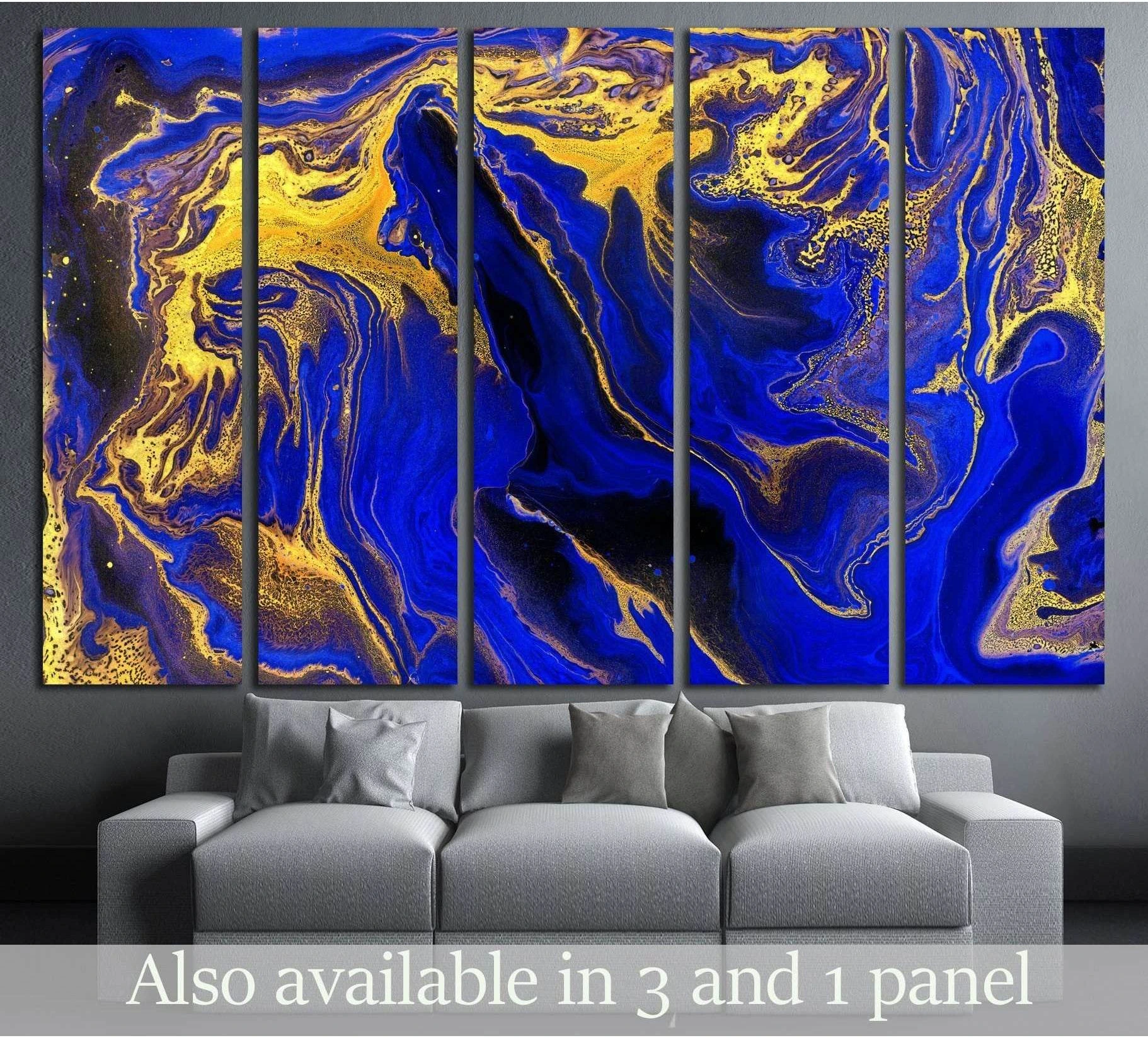 Blue and gold abstract marble canvas print in five panels above a sofa in a modern living room