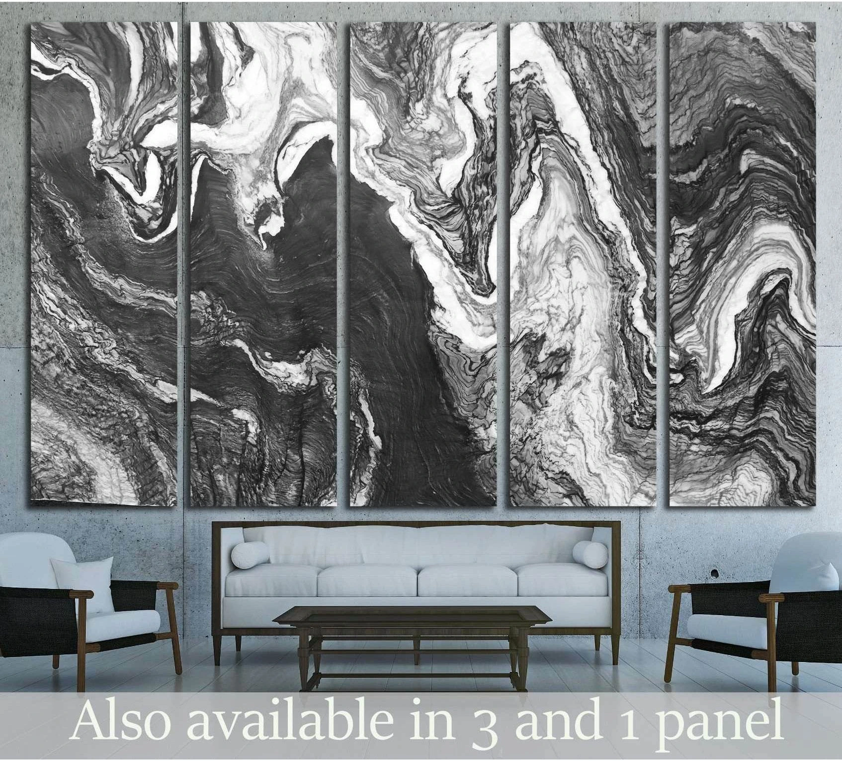 Five-panel gray marble canvas print with black and white stone swirls above a sofa