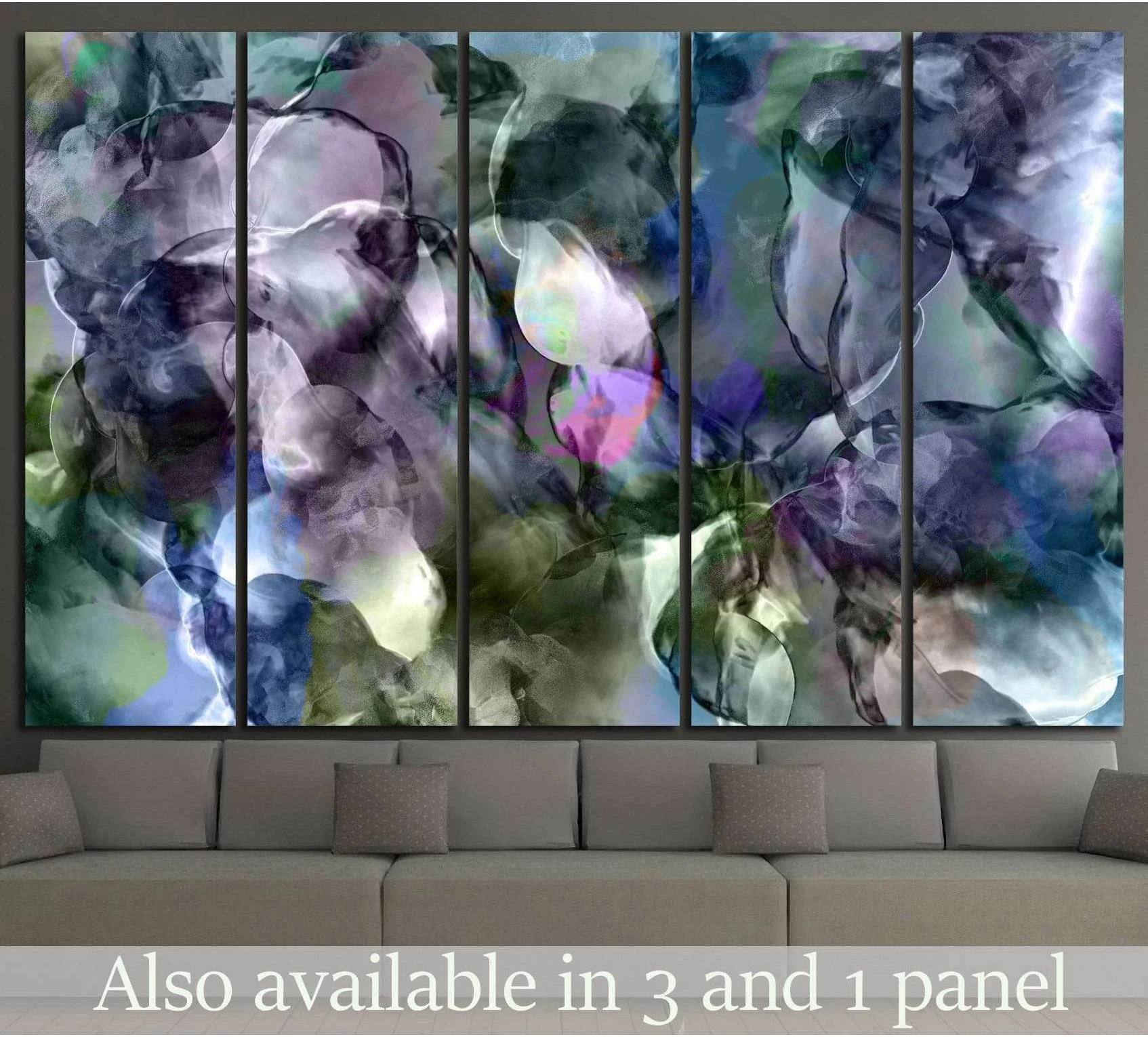 Five-panel abstract marble canvas print with purple, green, and blue watercolor forms