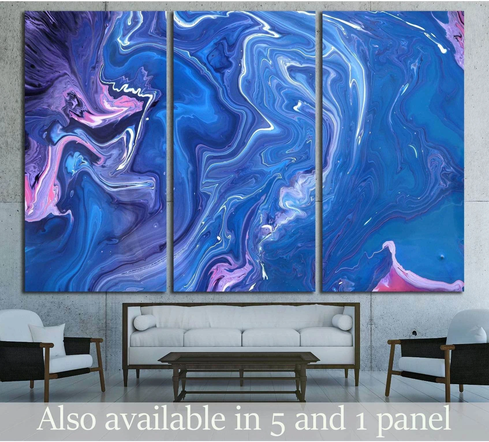 Blue and pink marble abstract triptych canvas print above a sofa in a modern living room