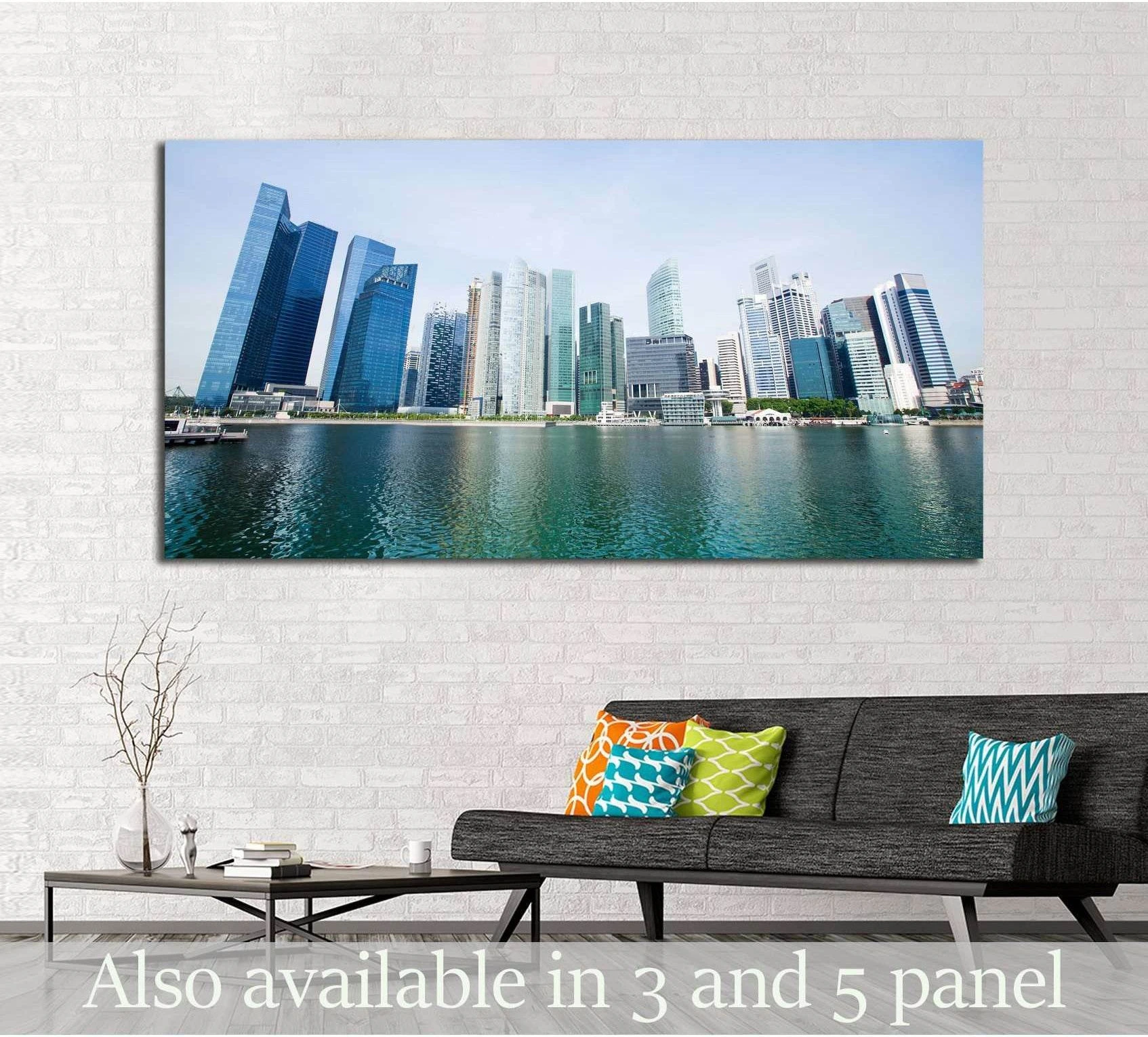 Singapore Marina Bay skyline canvas print hung above a sofa in a modern living room
