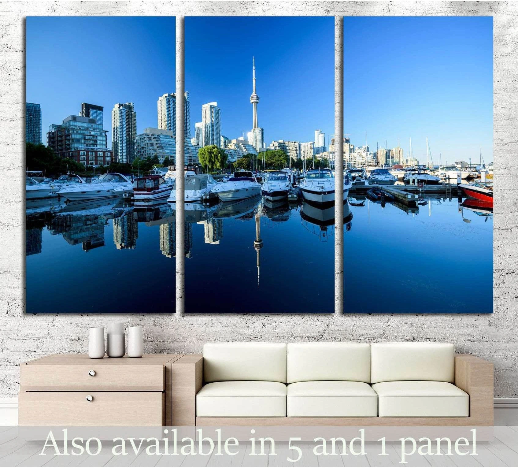 Toronto marina canvas print with CN Tower skyline and boats reflected in calm blue harbor