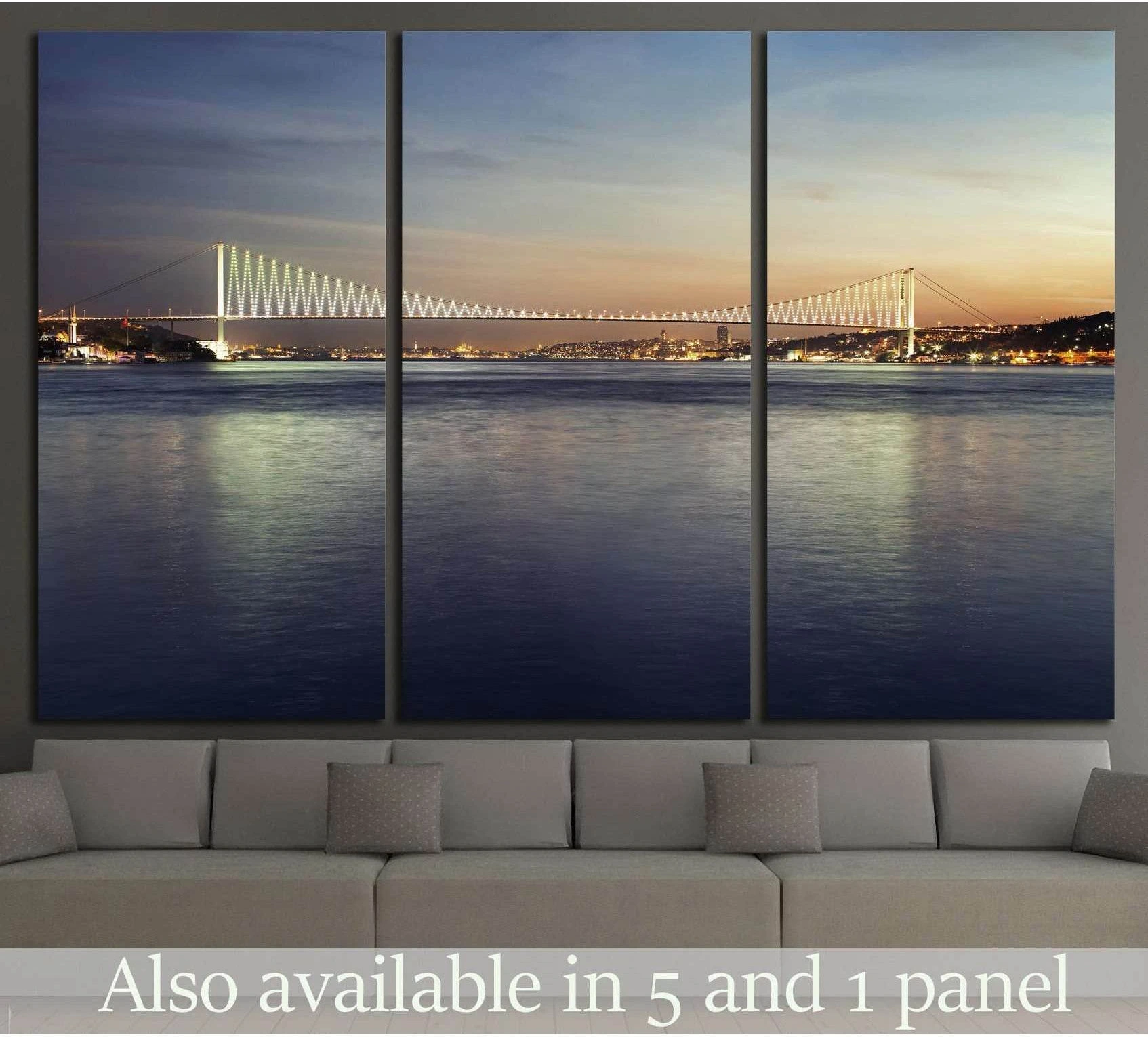 Bosphorus Bridge canvas print of Istanbul at dusk displayed above a sofa in a modern living room