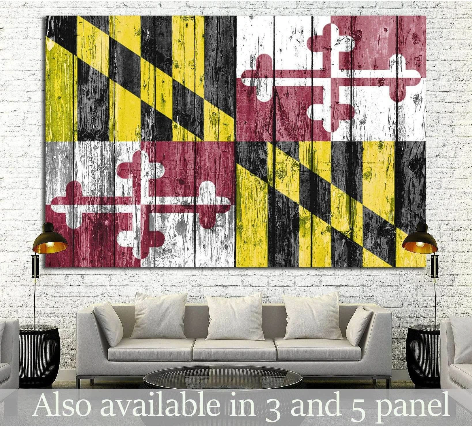 Maryland flag canvas print with distressed wood plank texture displayed above a sofa in a modern living room