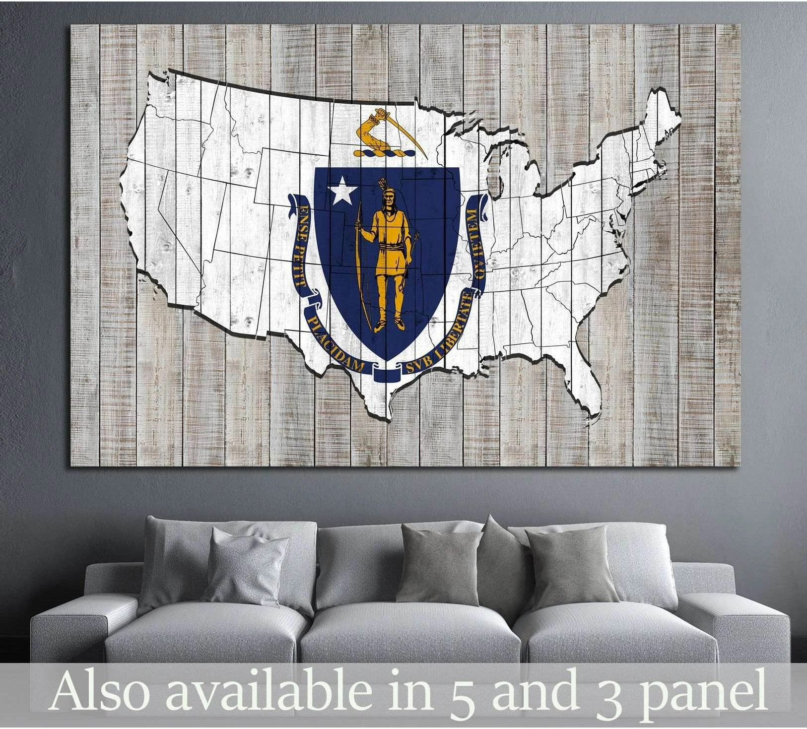 Massachusetts flag canvas print on rustic USA map wood-plank background, displayed above a gray sofa