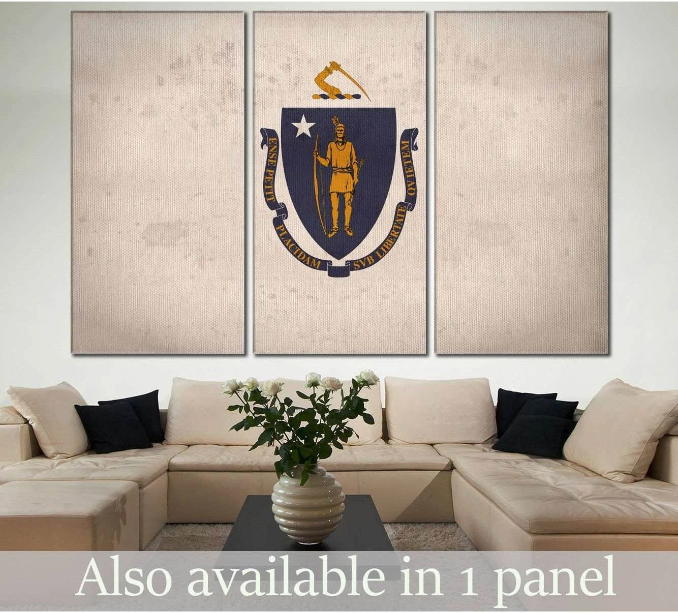 Massachusetts flag triptych canvas print with vintage state seal above sofa in a neutral living room