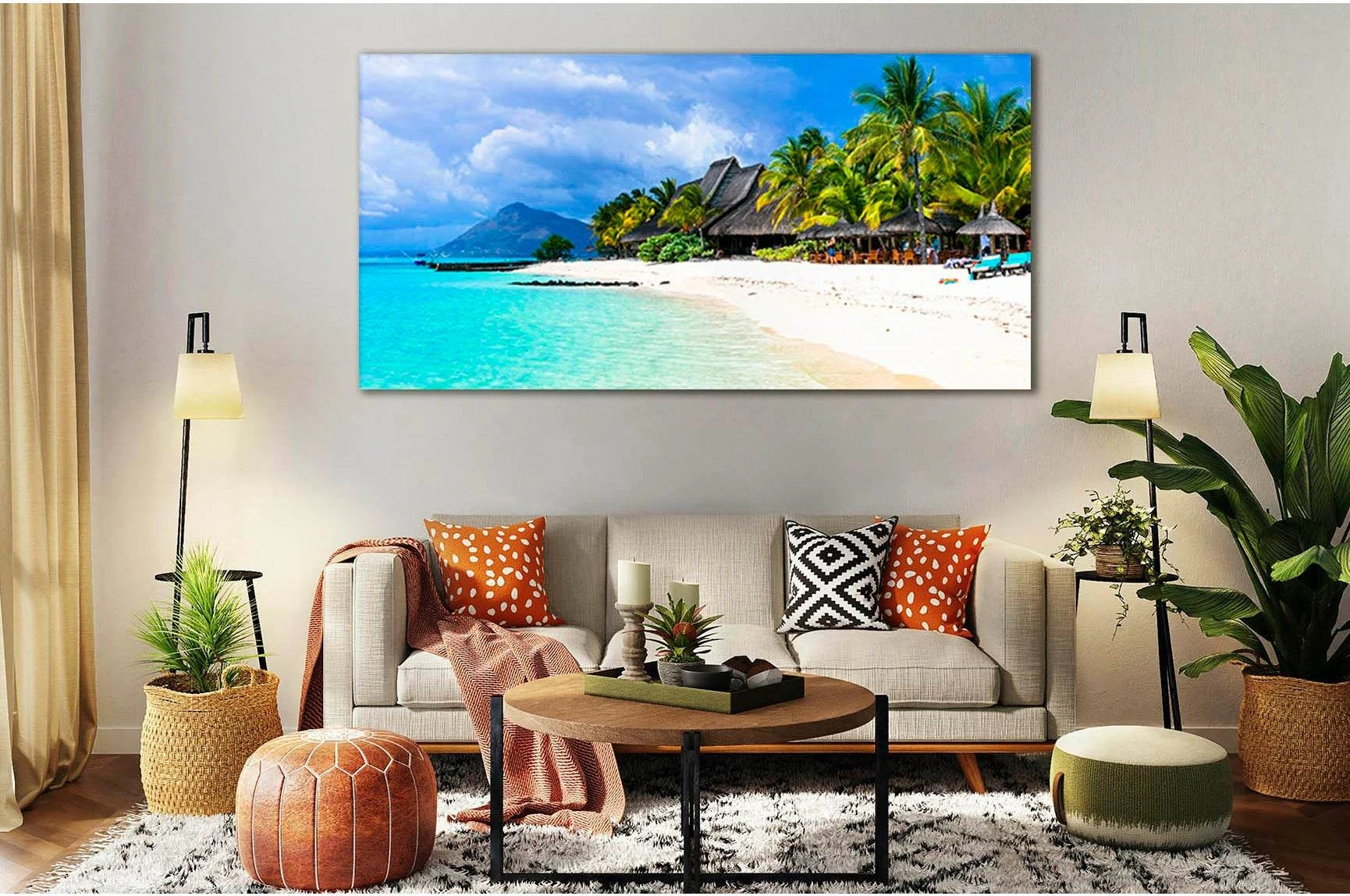 Tropical Mauritius Beach Wall Art with Turquoise Ocean showing sea water, shoreline and horizon depth.
