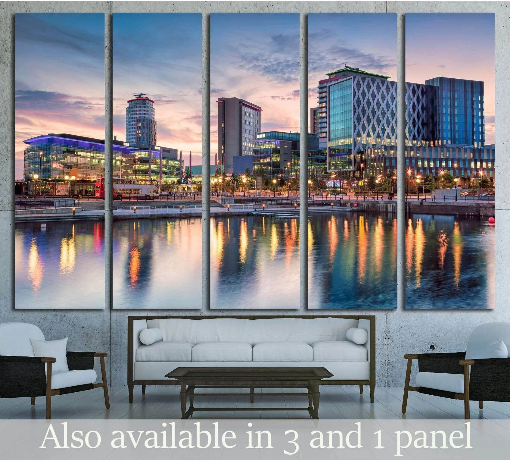 MediaCity Salford Quays sunset canvas print above sofa with waterfront reflections