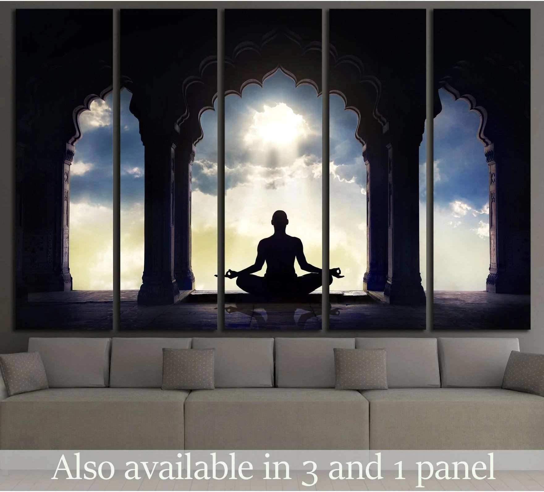Silhouette meditating beneath a sunlit temple arch canvas print in a serene living room