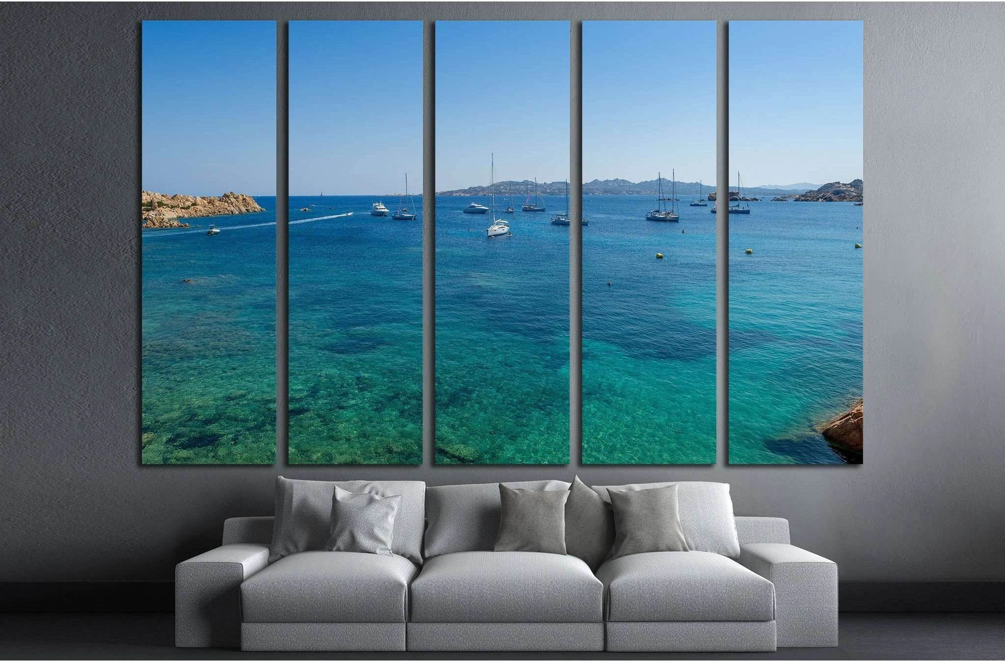 mediterranean bay with sailing boat anchorage. Porto Massimo, Sardinia, Italy №1908 Ready to Hang Canvas Print - Zellart Canvas Prints ALL_Products, s-1908