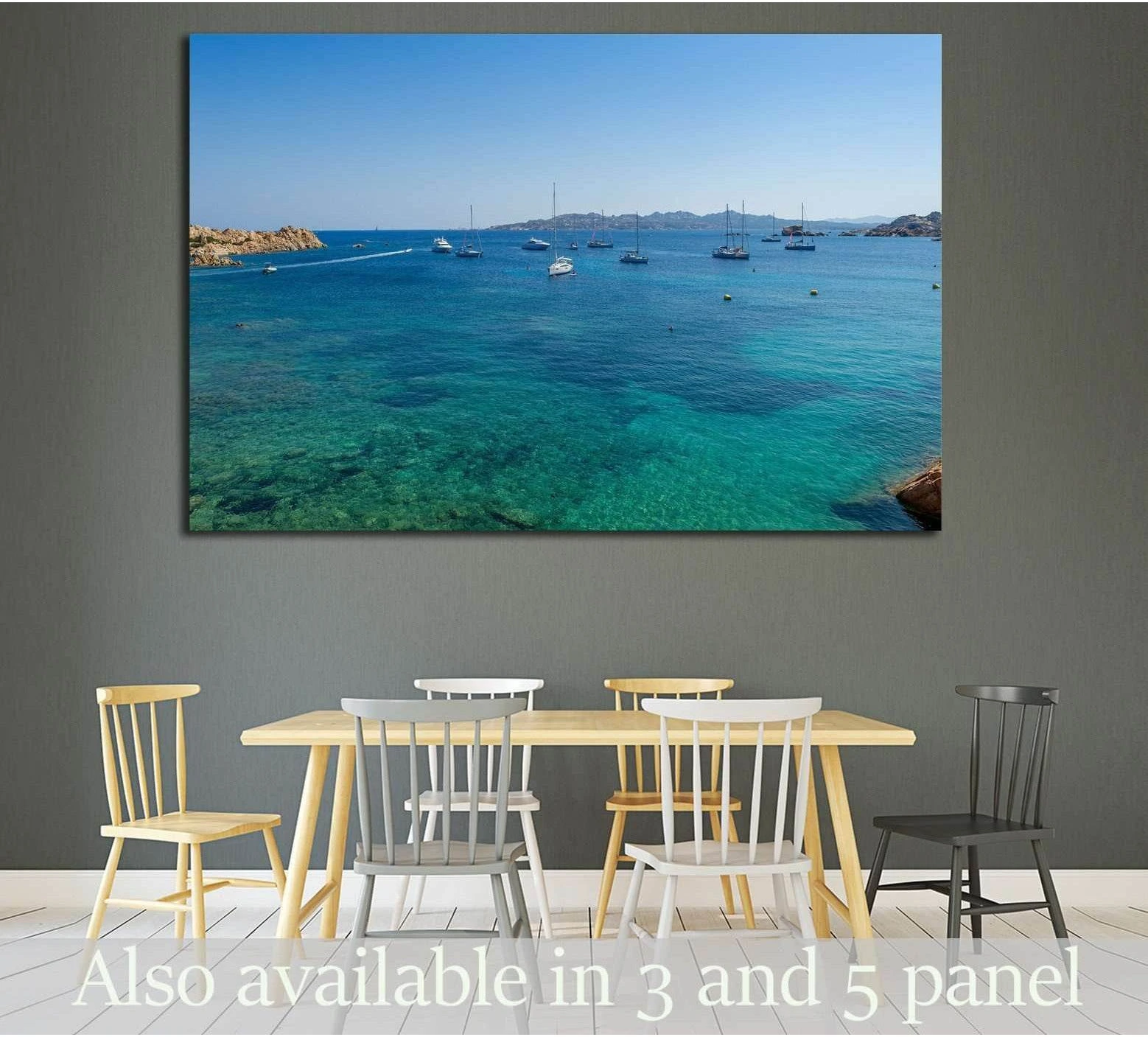 mediterranean bay with sailing boat anchorage. Porto Massimo, Sardinia, Italy showing blue ocean wall art with water and coastal depth.