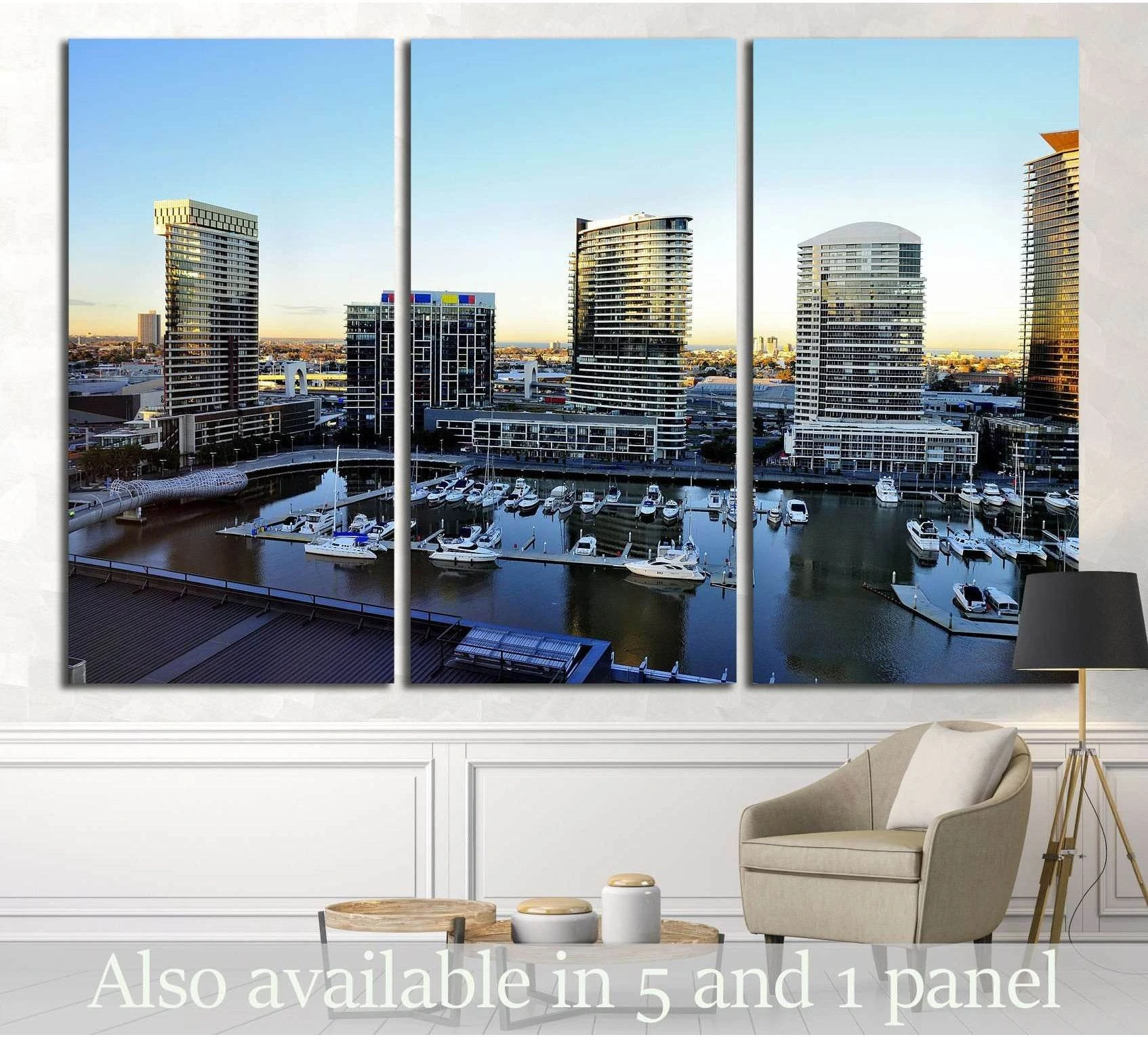 Melbourne Docklands marina triptych canvas print with yachts and skyline above a chair