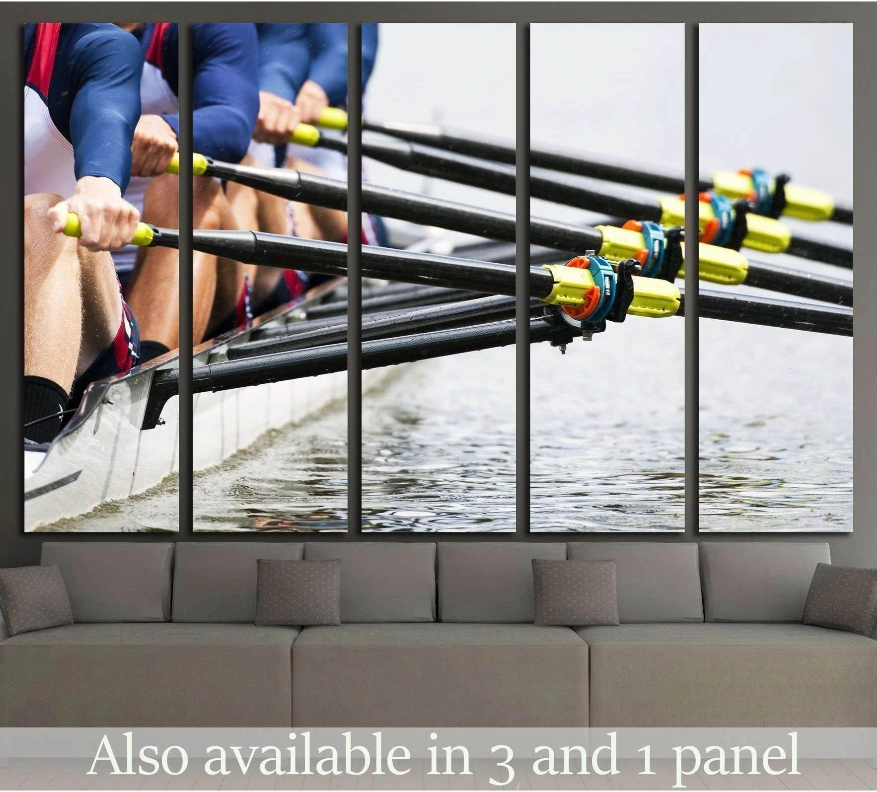 Close-up rowing team canvas print with crossed oars and water spray above a modern sofa