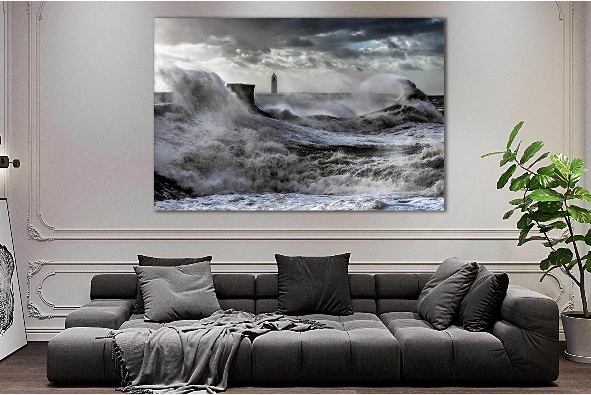 Stormy Grey Ocean Waves and Lighthouse Wall Art Canvas Print showing ocean water, wave movement and surf.