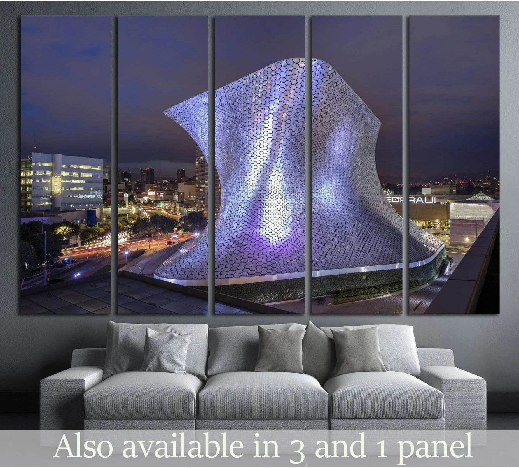 Museum Soumaya at night canvas print above sofa in a modern living room