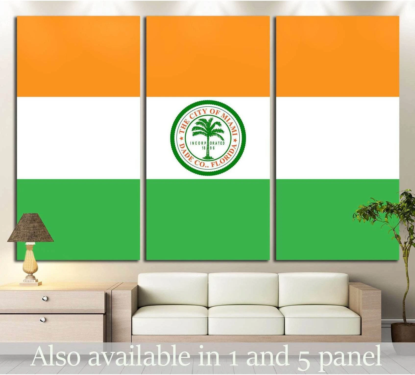 Miami city flag triptych canvas print with orange white and green bands above sofa in a neutral living room