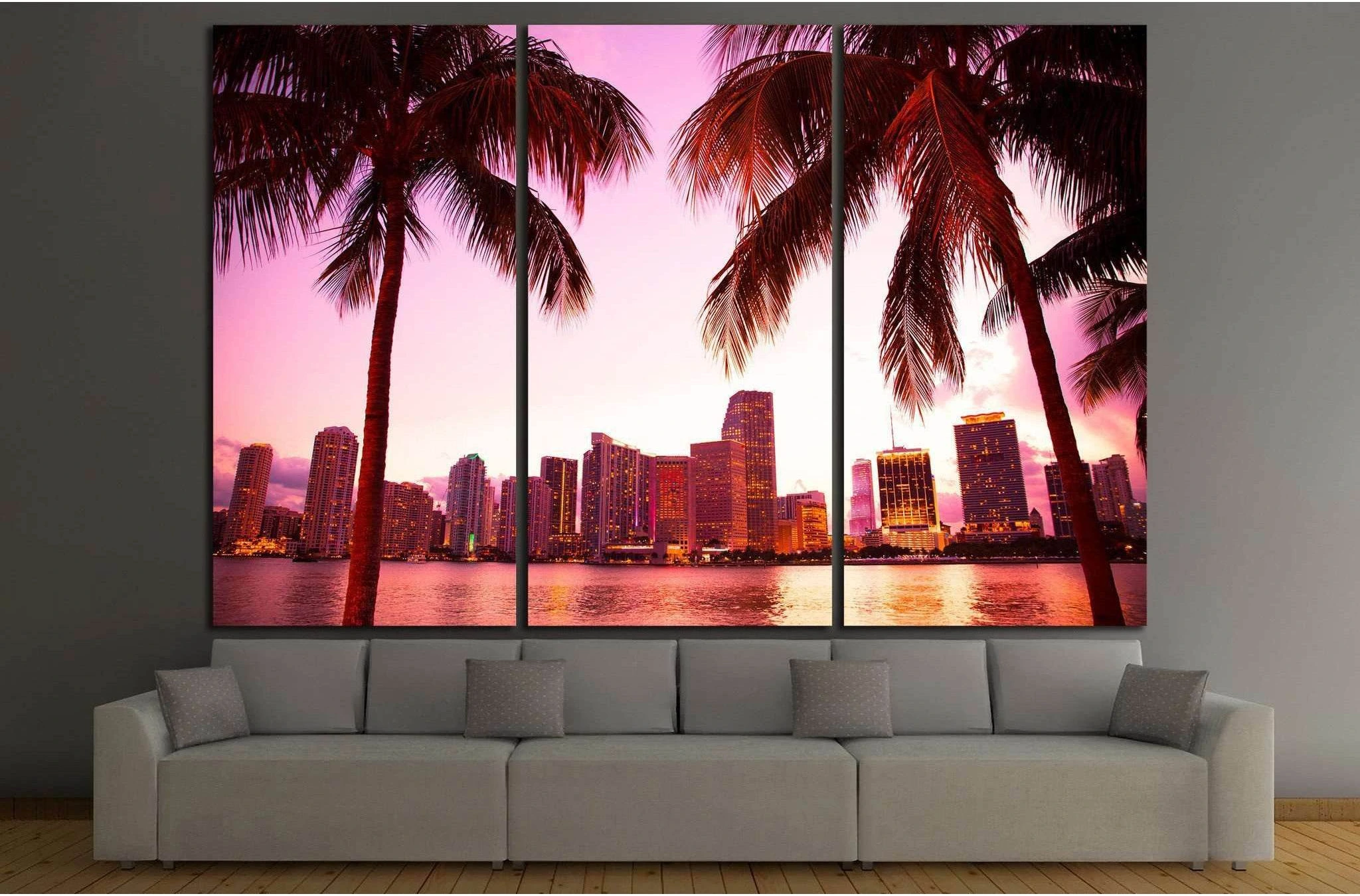 Miami Florida skyline and two palm trees №1266 Ready to Hang Canvas Print - Zellart Canvas Prints ALL_Products, s-1266