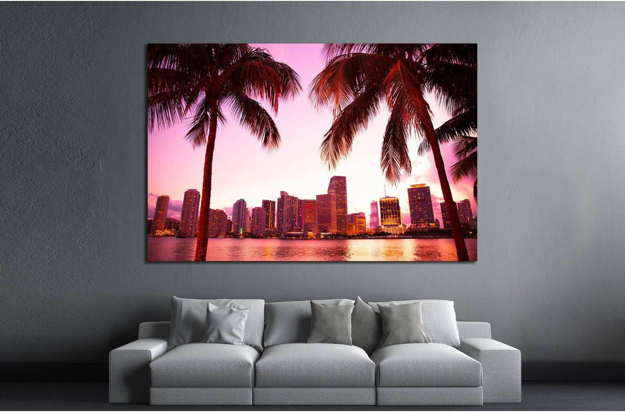 Miami Florida skyline and two palm trees №1266 Ready to Hang Canvas Print - Zellart Canvas Prints ALL_Products, s-1266