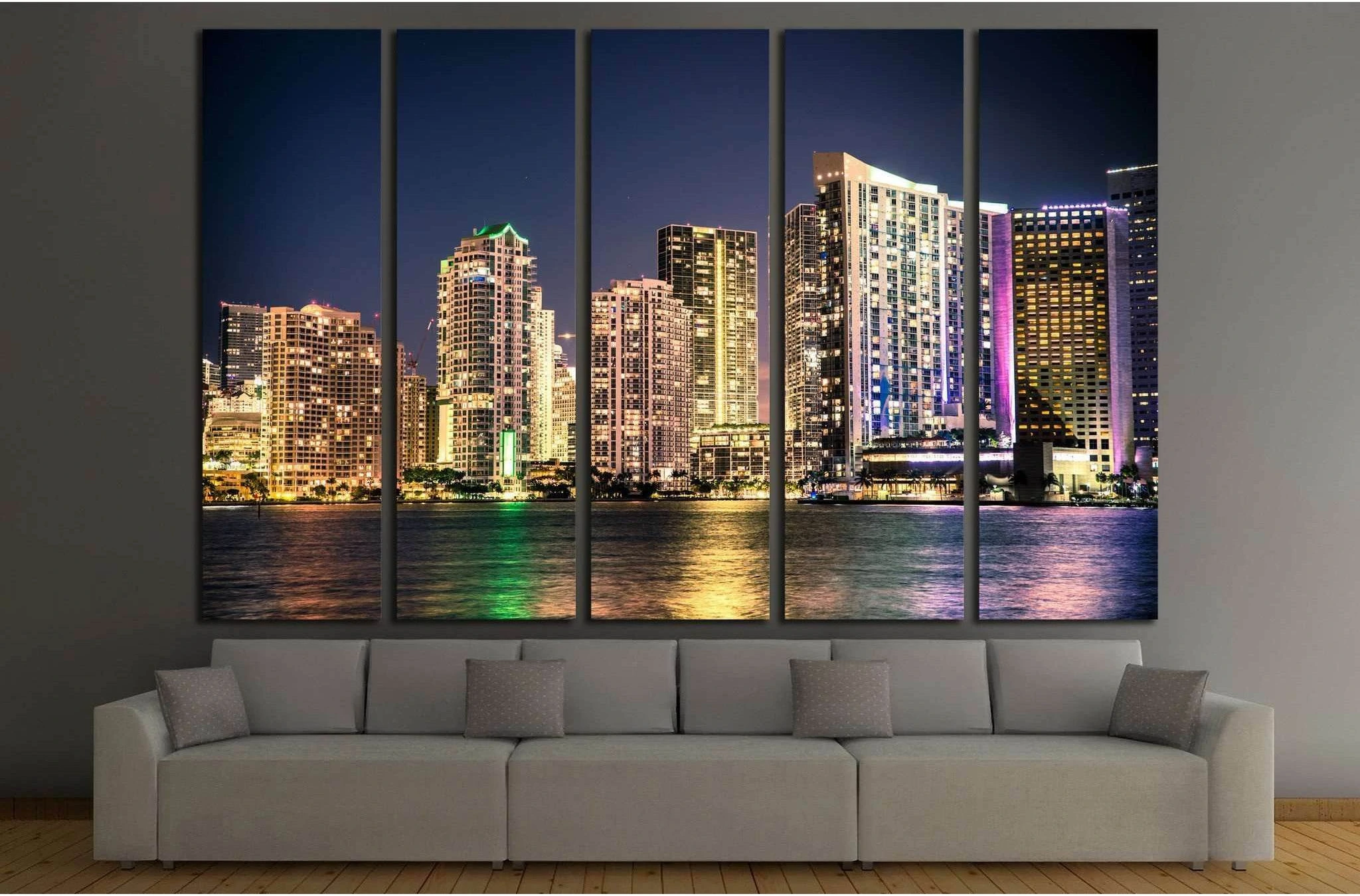 Miami Florida skyline with lights №1264 Ready to Hang Canvas Print - Zellart Canvas Prints ALL_Products, s-1264