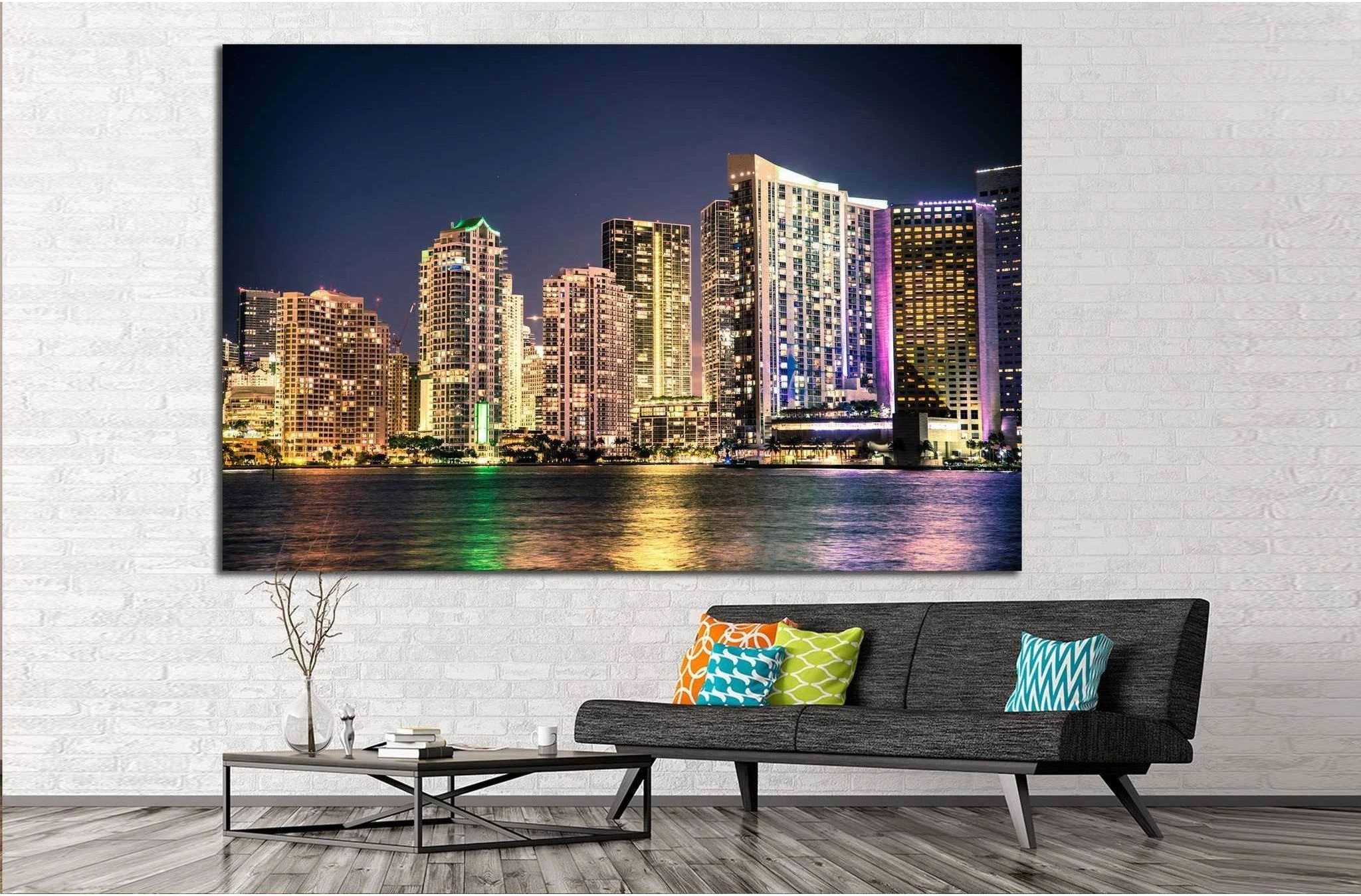 Miami Florida skyline with lights №1264 Ready to Hang Canvas Print - Zellart Canvas Prints ALL_Products, s-1264