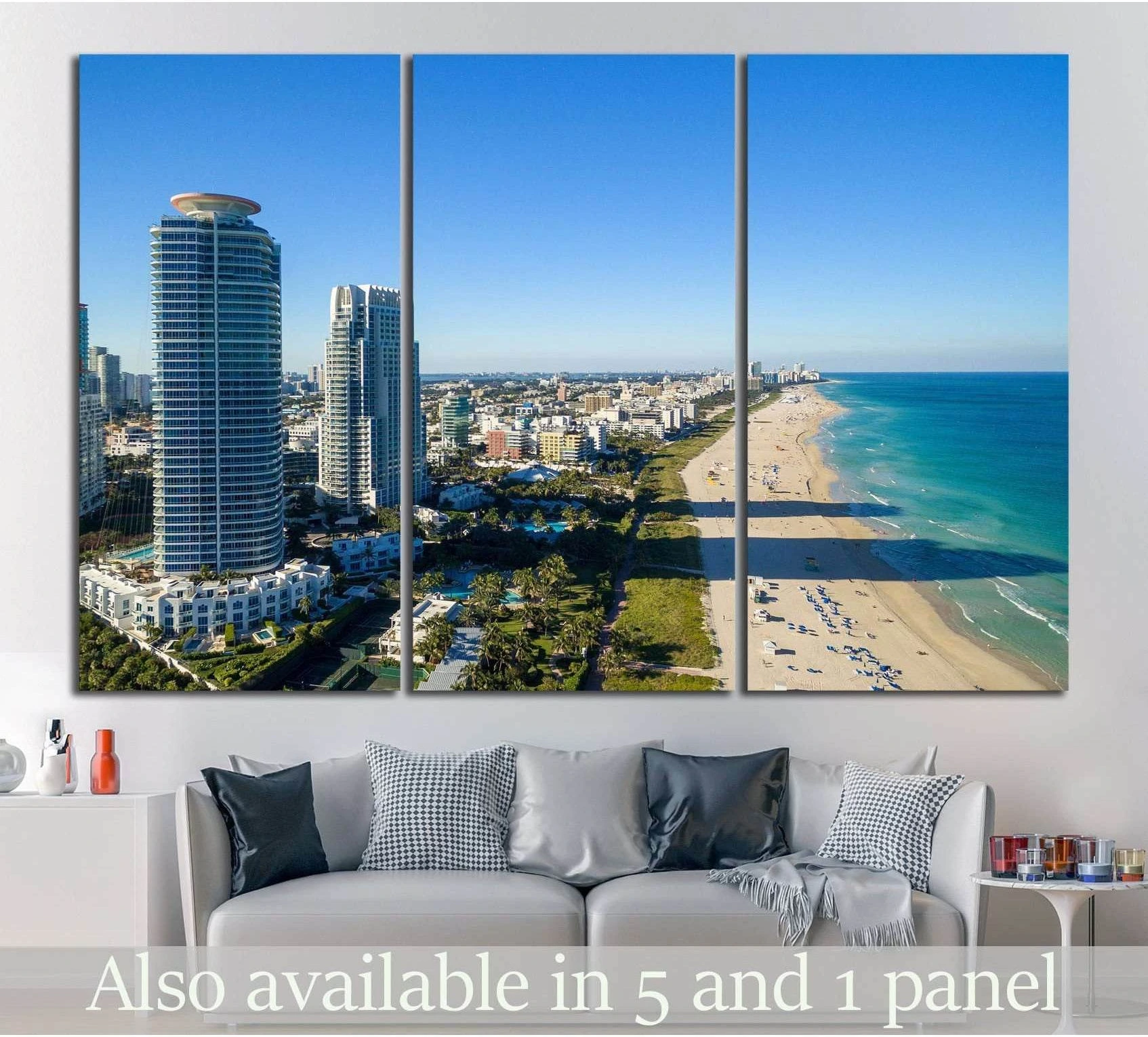 Triptych Miami skyline canvas print with South Beach shoreline and turquoise ocean from above