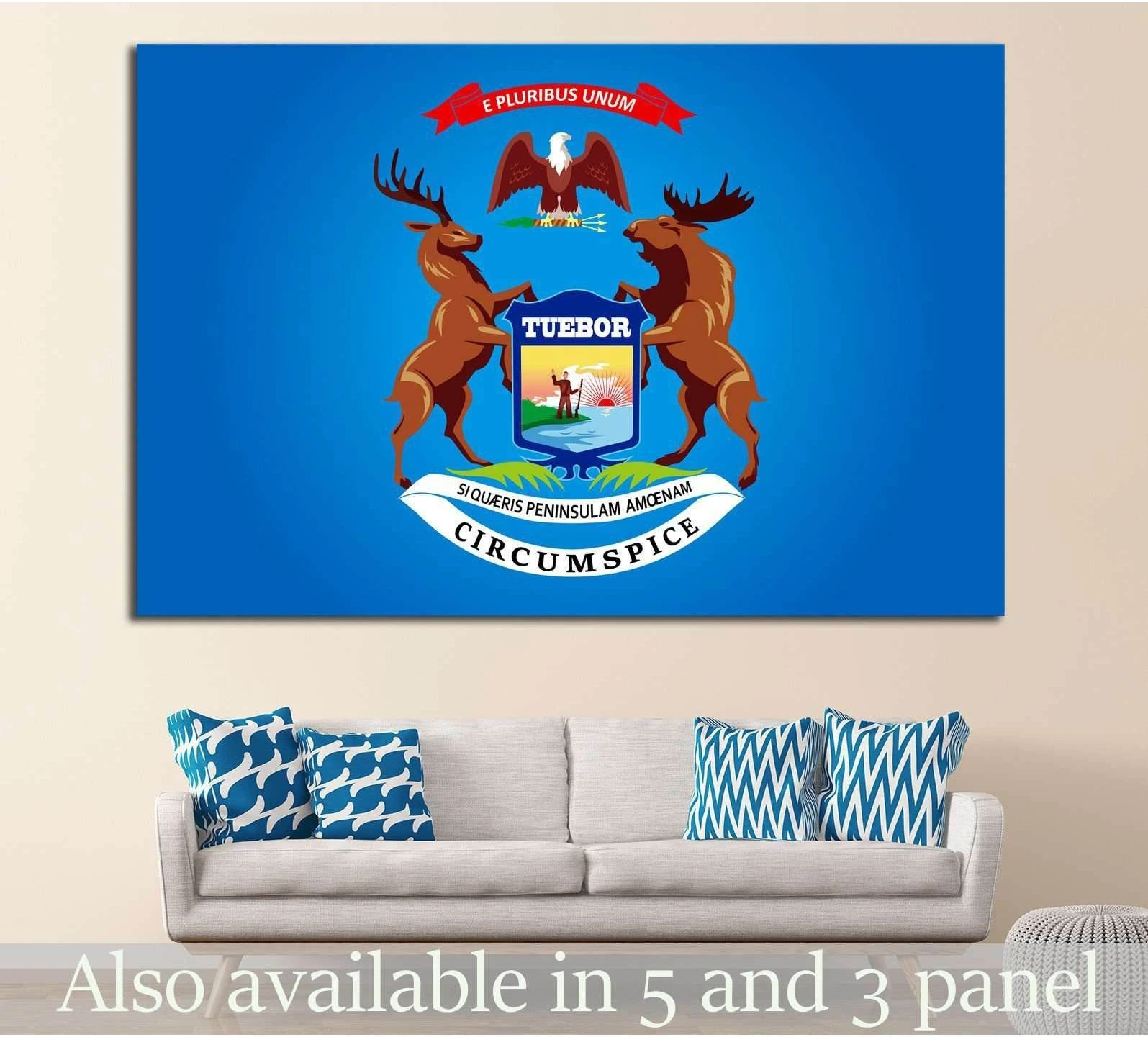 Michigan flag canvas print with state seal on blue field displayed above a sofa in a neutral living room