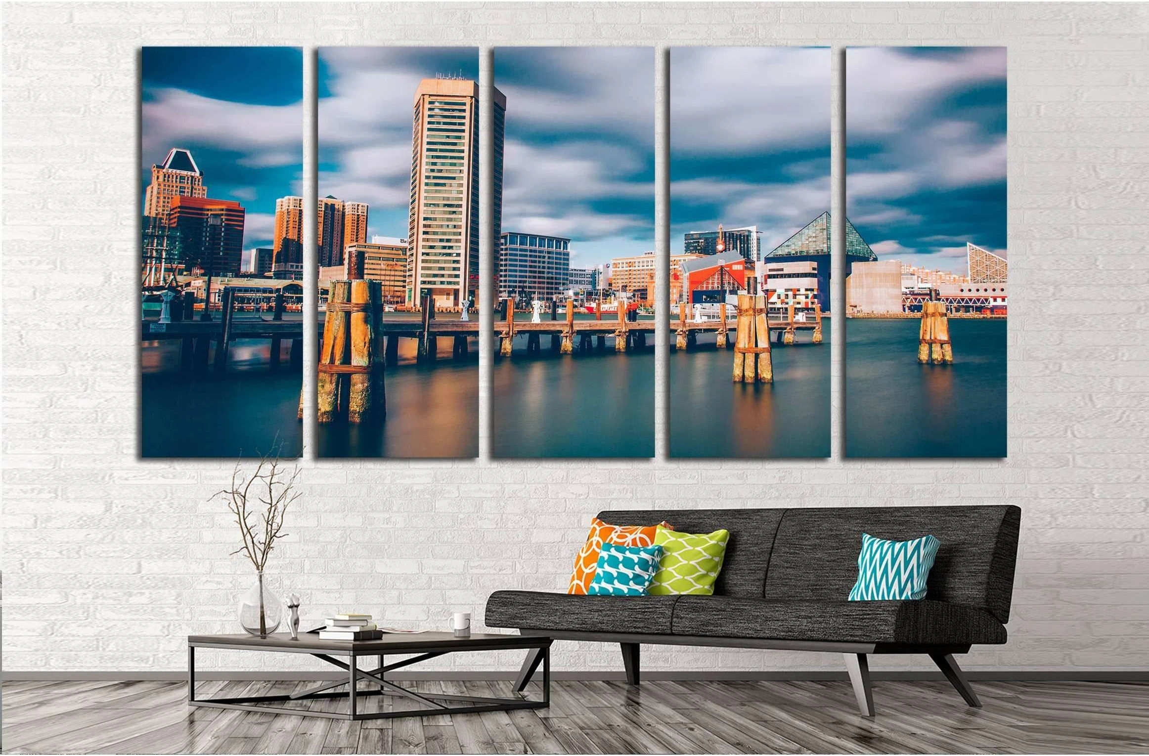 Mid-day long exposure of the Baltimore Inner Harbor Skyline №2178 Ready to Hang Canvas Print - Zellart Canvas Prints ALL_Products, s-2178