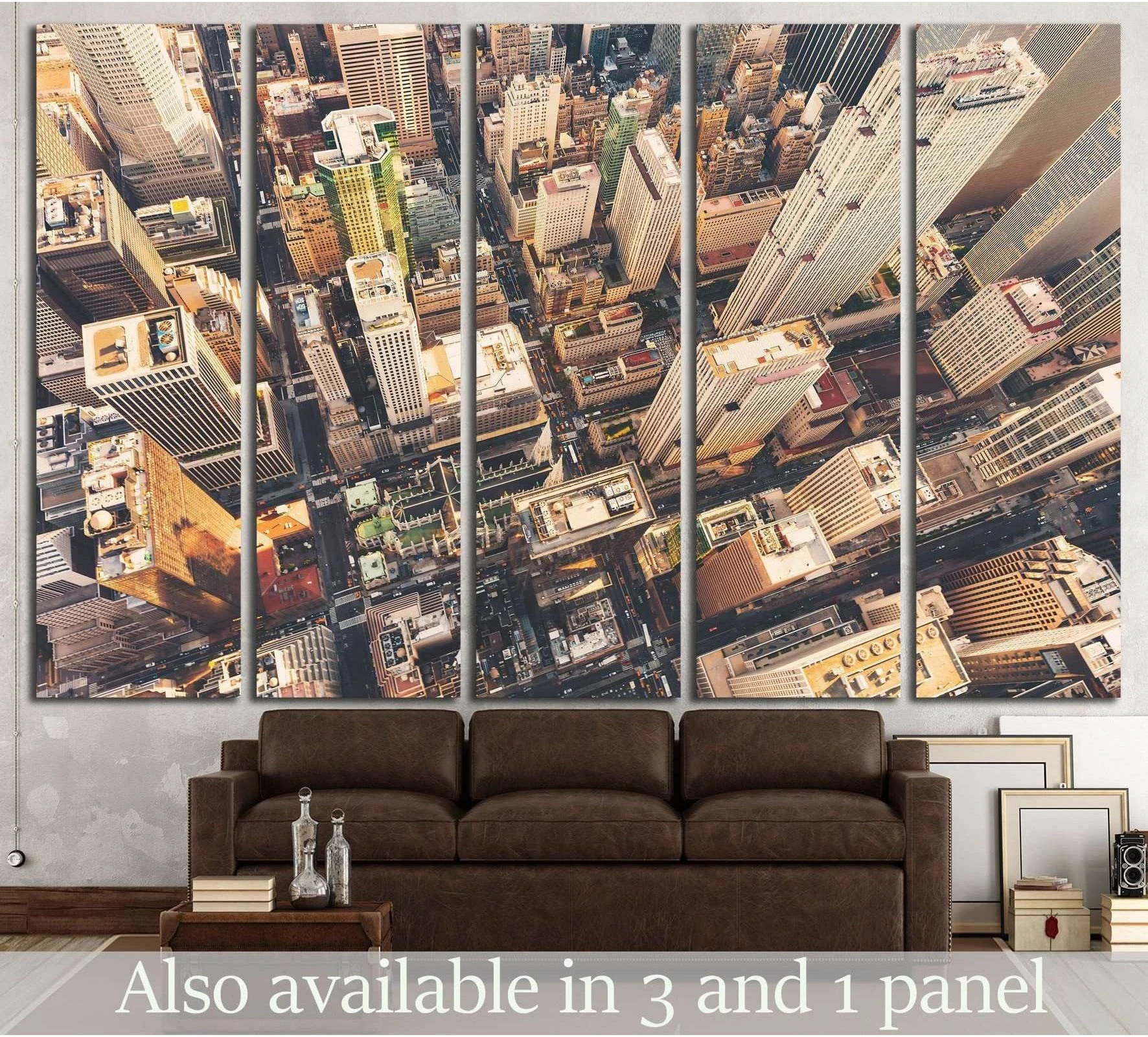 Aerial Midtown Manhattan canvas print with St. Patrick's Cathedral in warm sepia tones