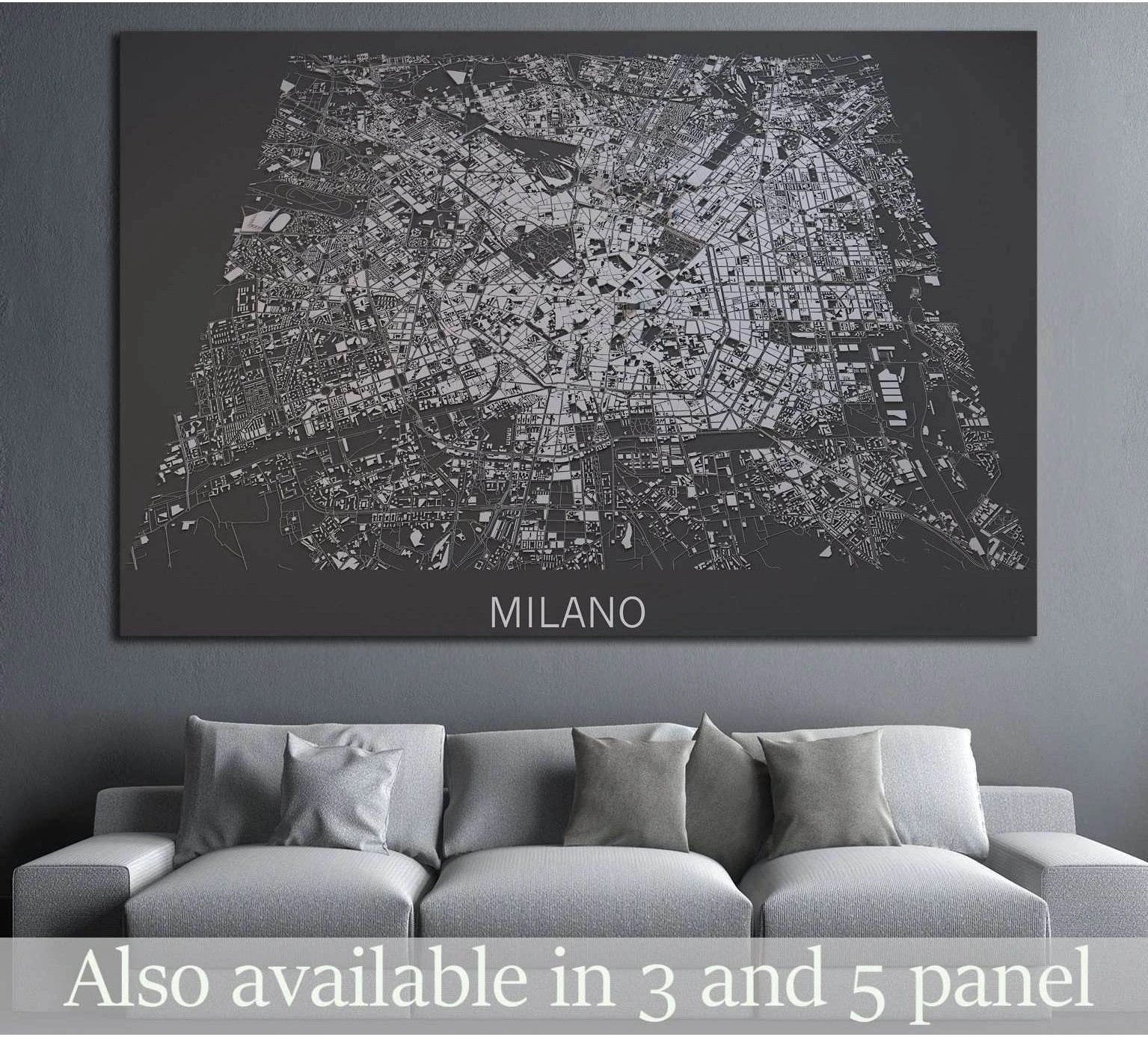 Milano satellite map canvas print in black and white hung above a gray sofa
