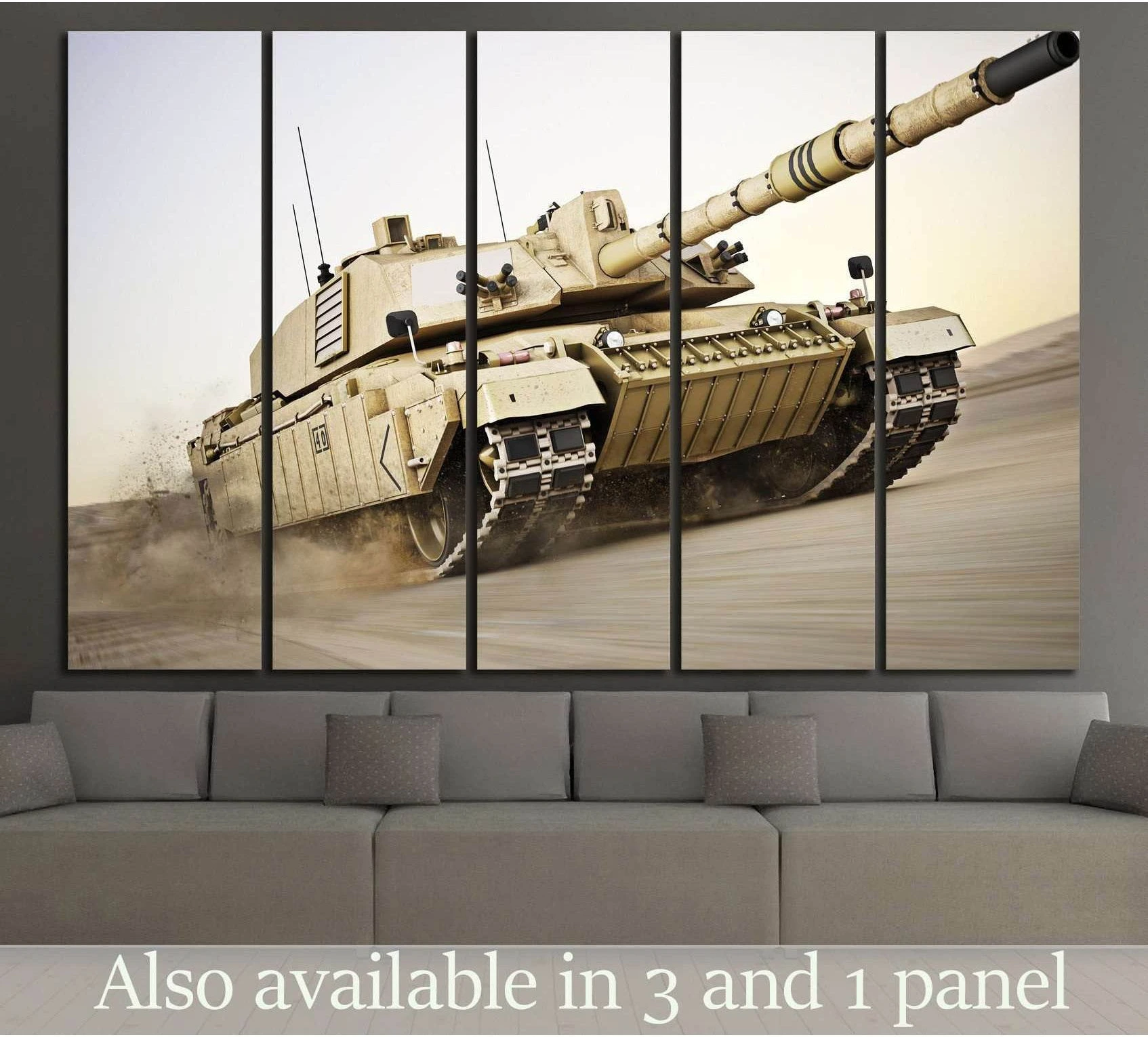 Desert military tank canvas print in 5-panel layout above sofa in a modern living room