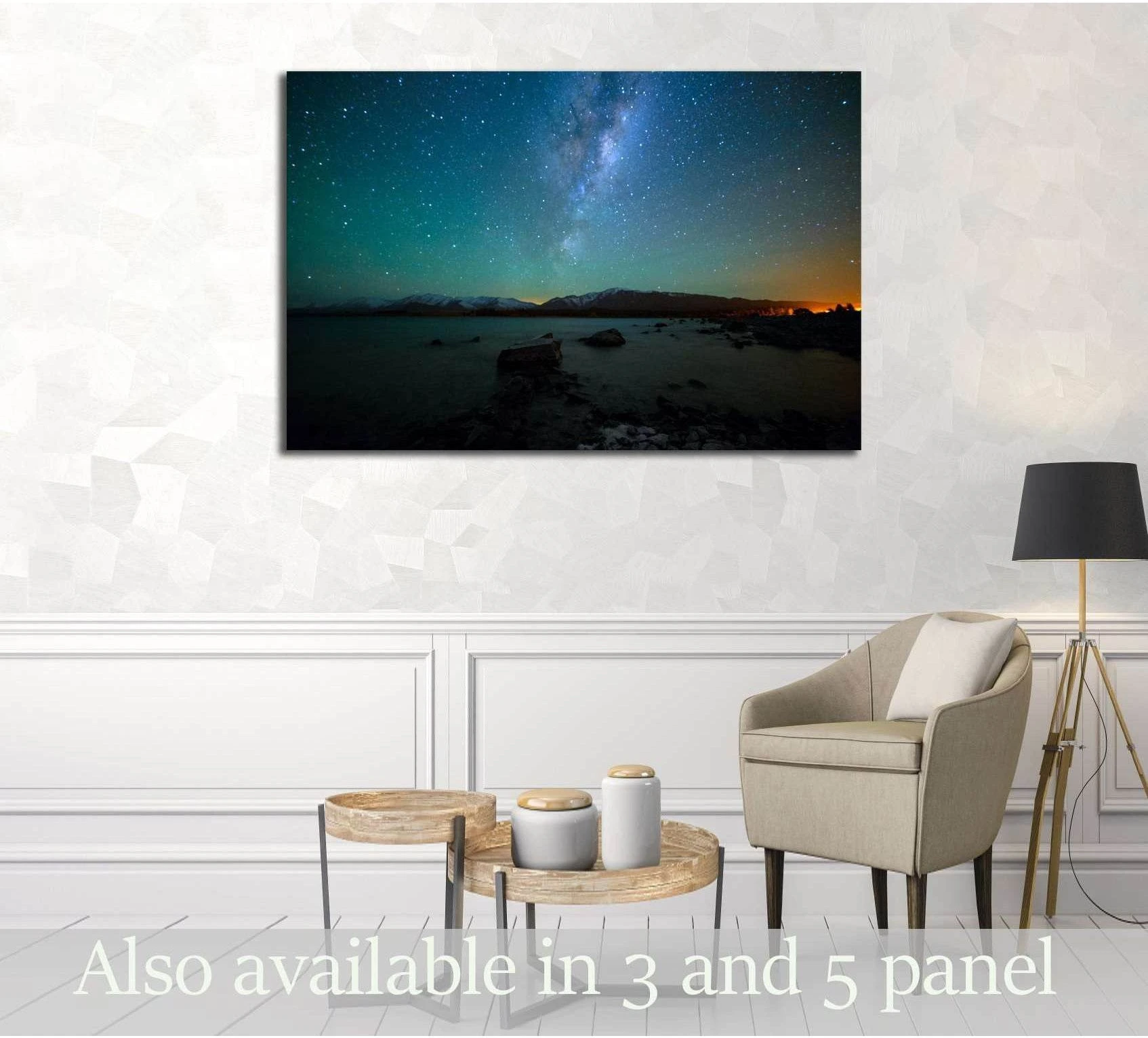 Milky Way and Aurora Australis over Lake Tekapo canvas print displayed in a modern living room