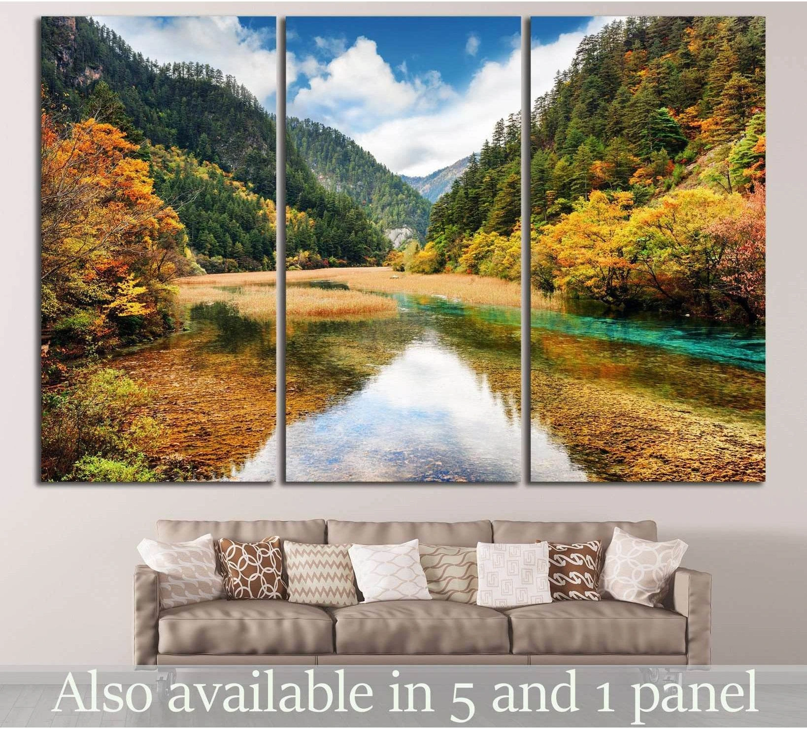Autumn Min Mountains canvas print with turquoise lake and golden trees above a sofa
