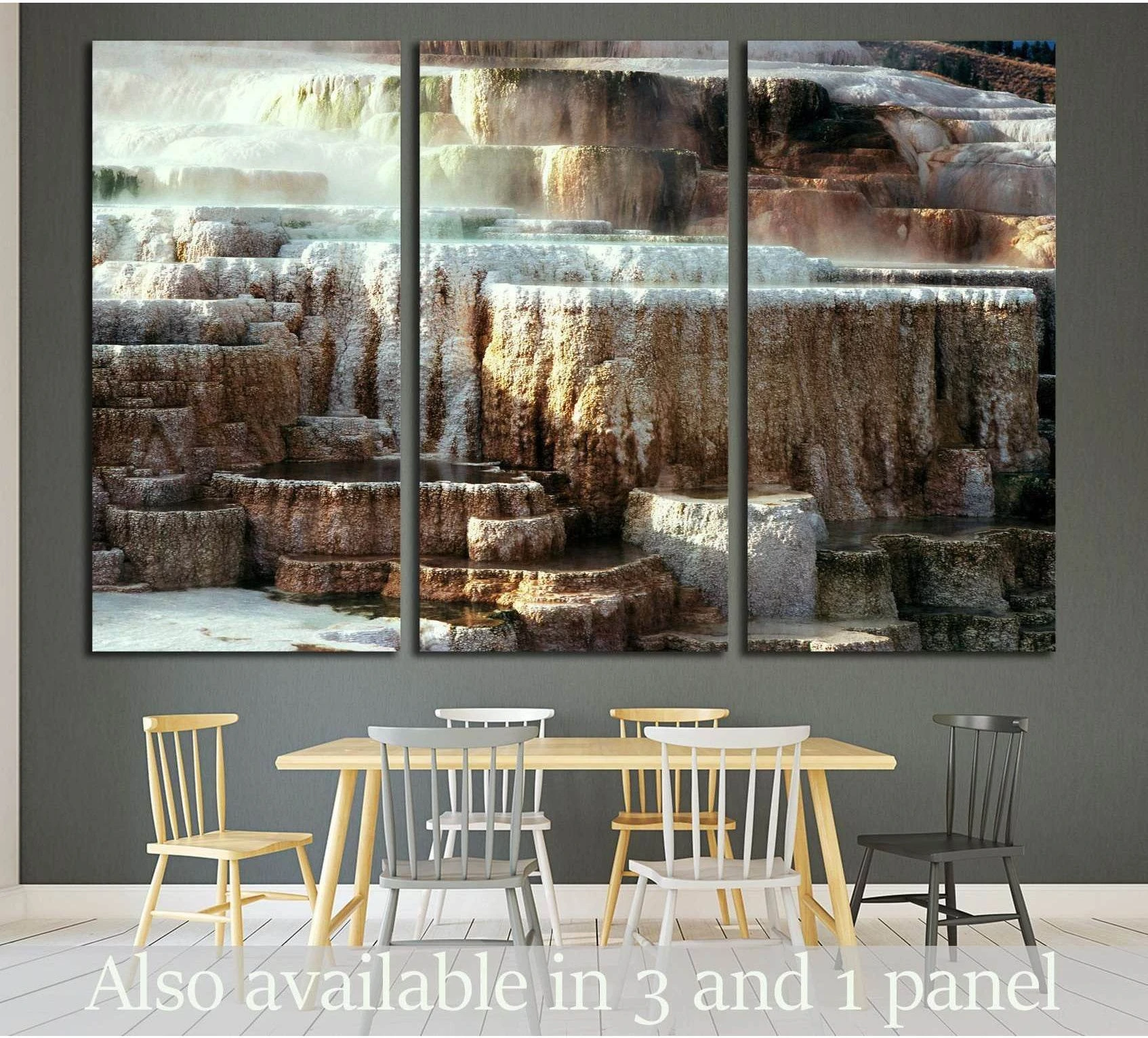 Yellowstone Minerva Terrace triptych canvas print above dining table with layered travertine terraces