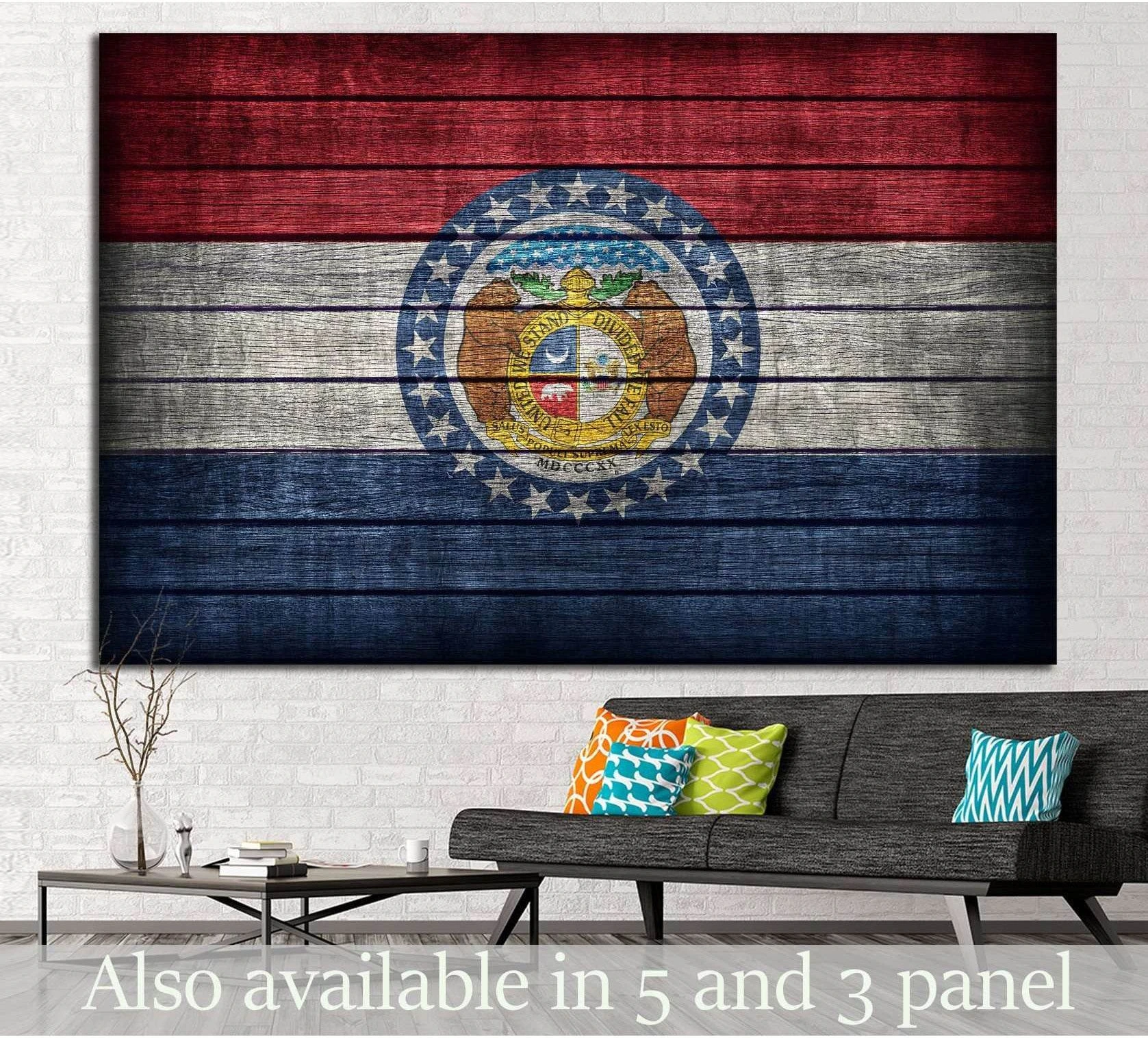 Missouri flag canvas print with state seal on distressed wood planks, displayed above a sofa in a modern living room