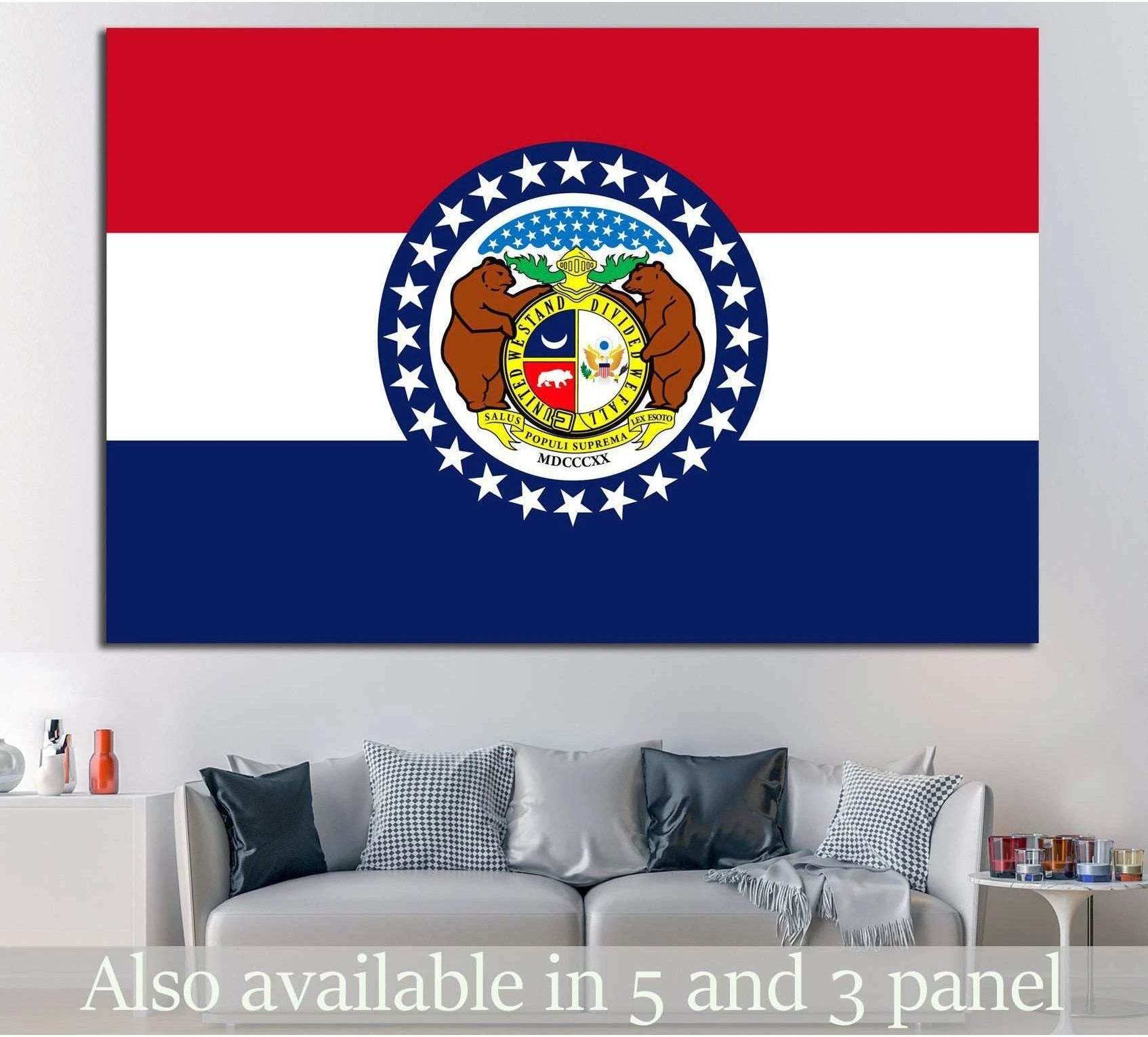 Missouri flag canvas print with state seal in red, white, and blue, displayed above a sofa in a modern living room