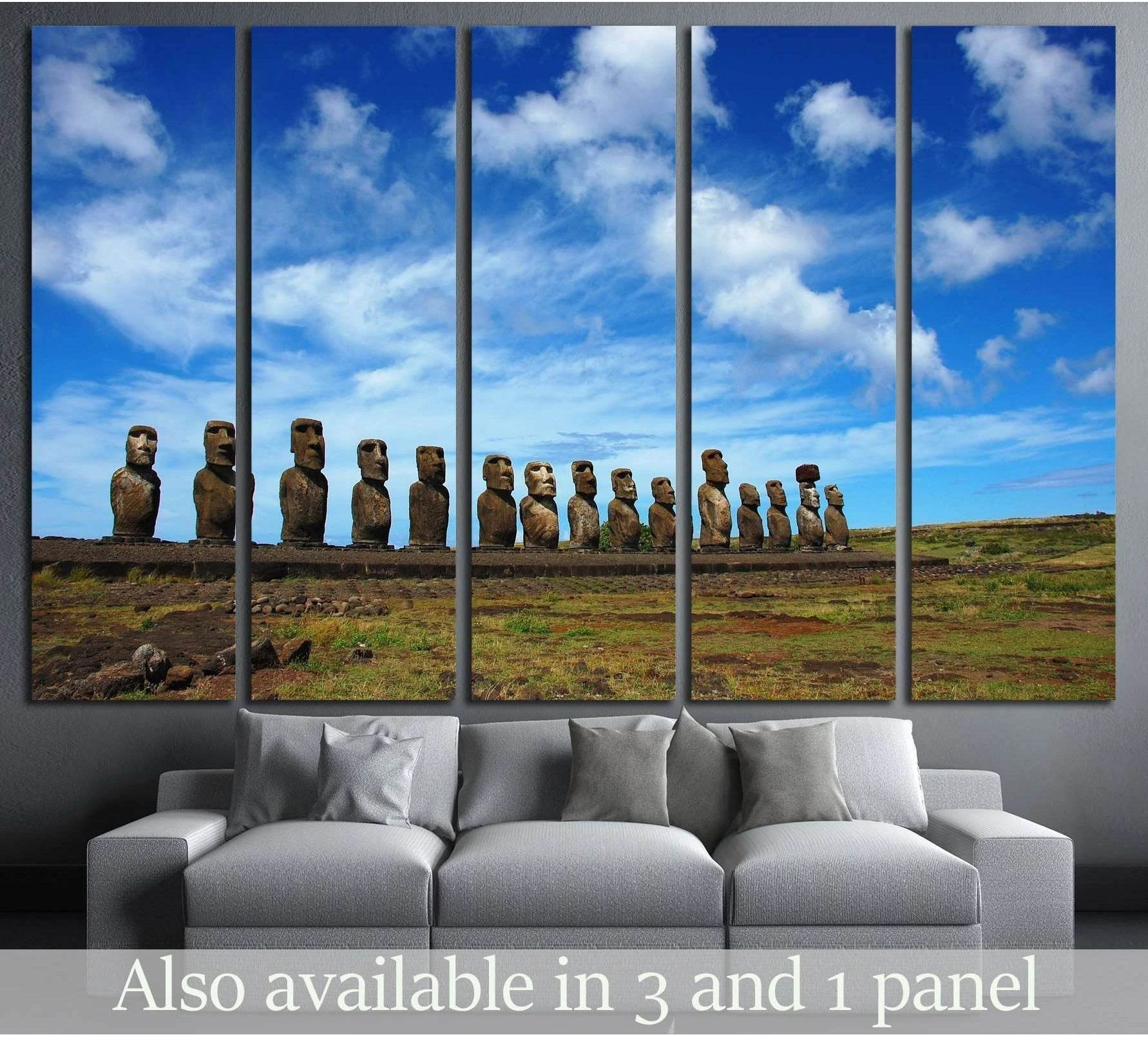 Ahu Tongariki moai statues canvas print above sofa in a modern living room