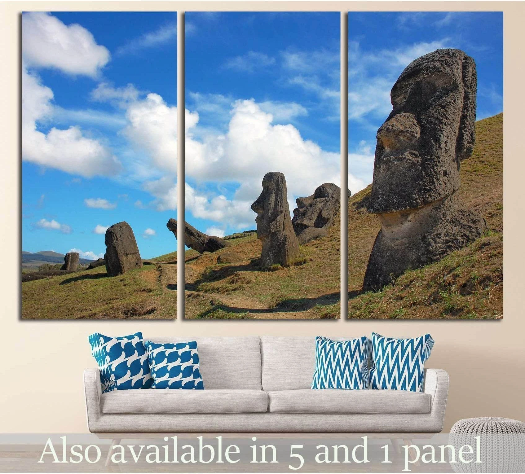 Easter Island Moai canvas print at Rano Raraku under blue skies above a sofa