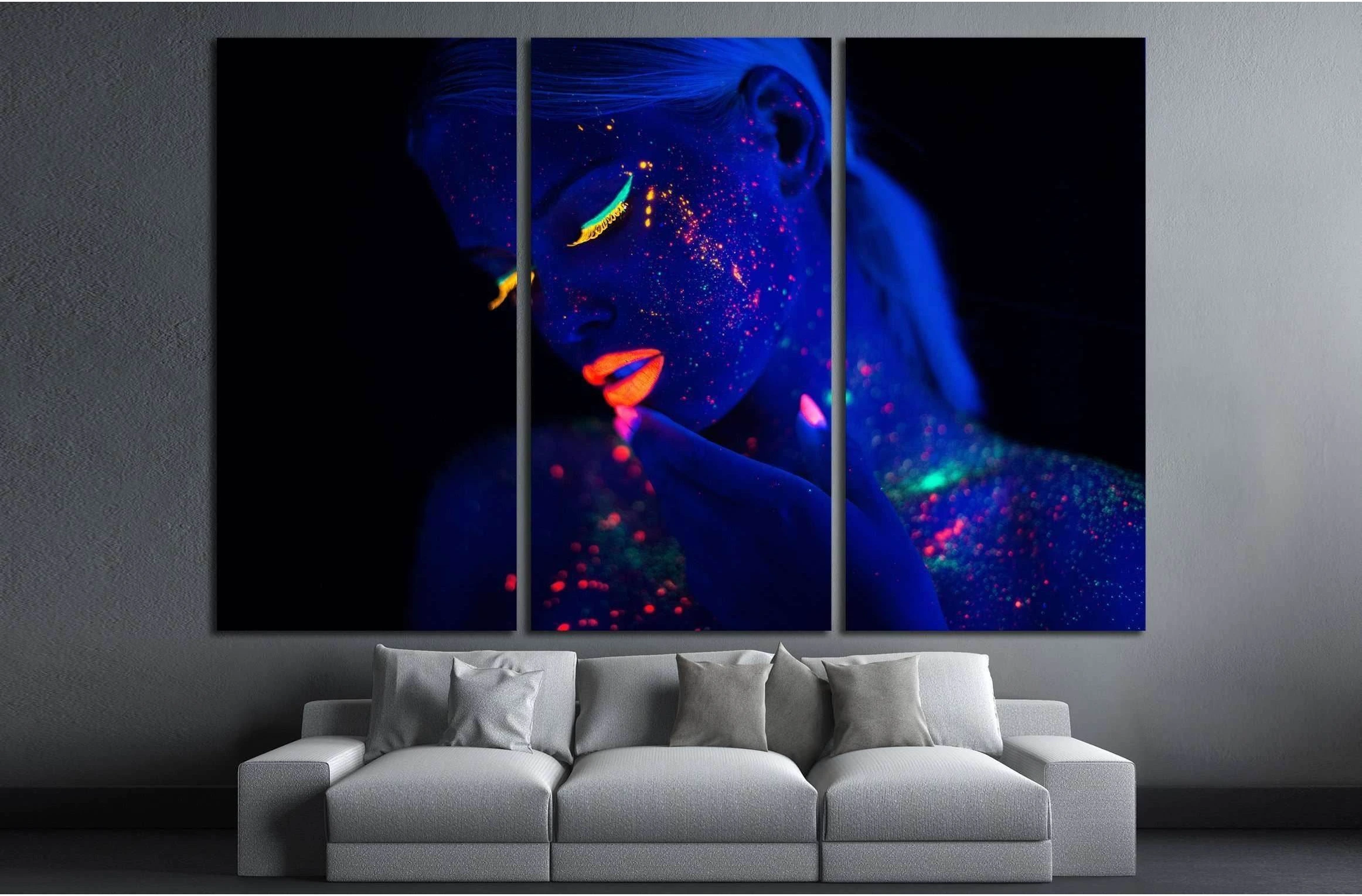 Model Girl with Fluorescent Creative Psychedelic MakeUp, Art Design №2782 Ready to Hang Canvas Print - Zellart Canvas Prints ALL_Products, s-2782